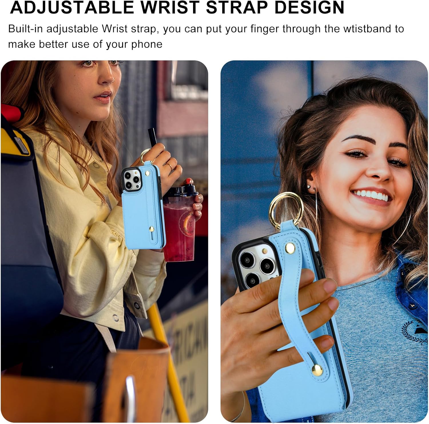 Folosu for iPhone 14 Pro Max Wallet Case with Card Holder, Hand Wrist Strap Loop Holder Kickstand, RFID Blocking Finger Grip Ring PU Leather Double Buttons Shockproof Cover 6.7" Blue