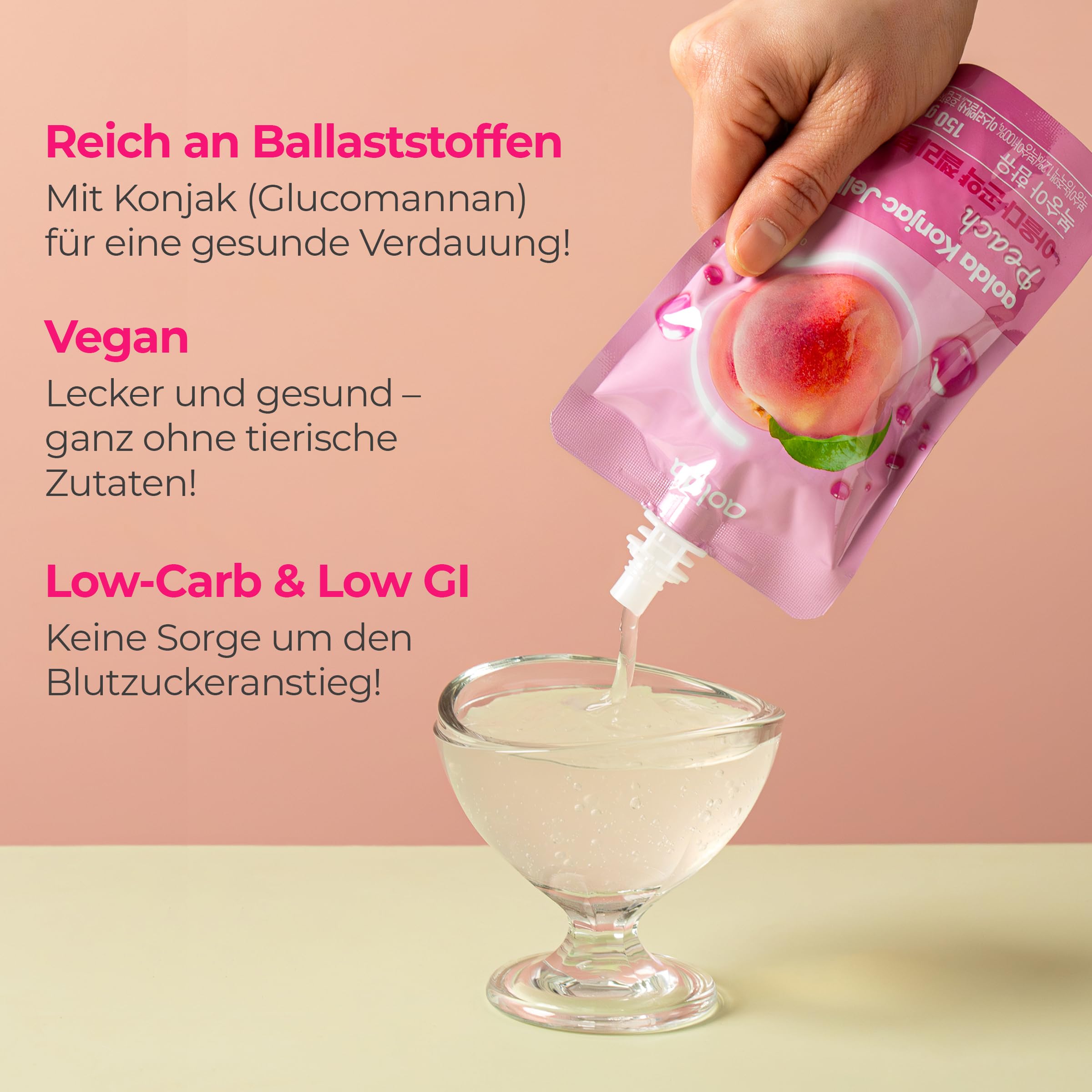 AOLDA Trinkbares Konjac | 150g x 10er | Kalorienarm, Zuckerfrei, vegan & ballaststoffreich | Gesunder Snack für Diät, Sport & Alltag | Sättigend & Lecker (Pfirsich)