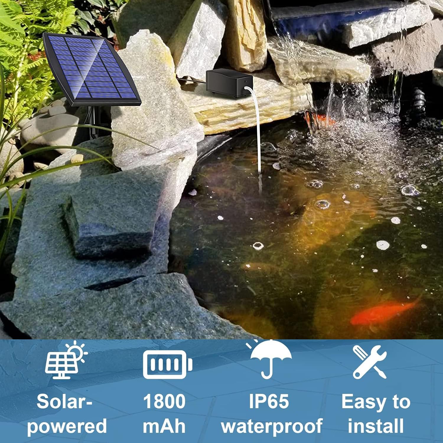 Solar Sauerstoffpumpe, aeratore solare 2,5 W per laghetto con batteria da 1800 mAh, pompa a 3 modalità, adatta per pesca all'aperto e stagni