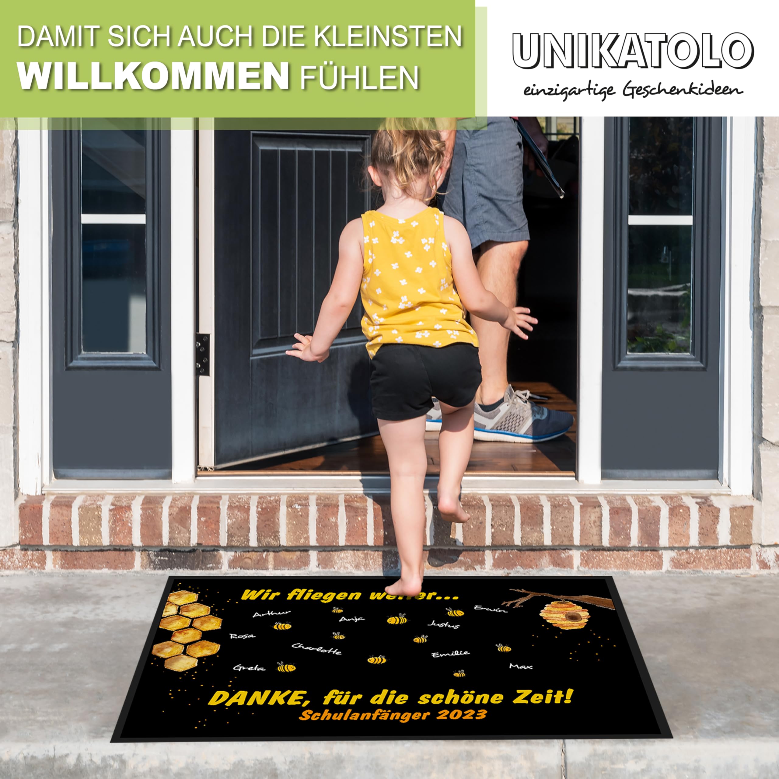 Fußmatte Kita Abschiedsgeschenk Motiv mit Namen und Text personalisiert- Erzieherin, Lehrer, Kindergarten, Schulanfang, Geschenk, Teppich, Fußabtreter, Vorleger (105 x 70 cm) Bienen
