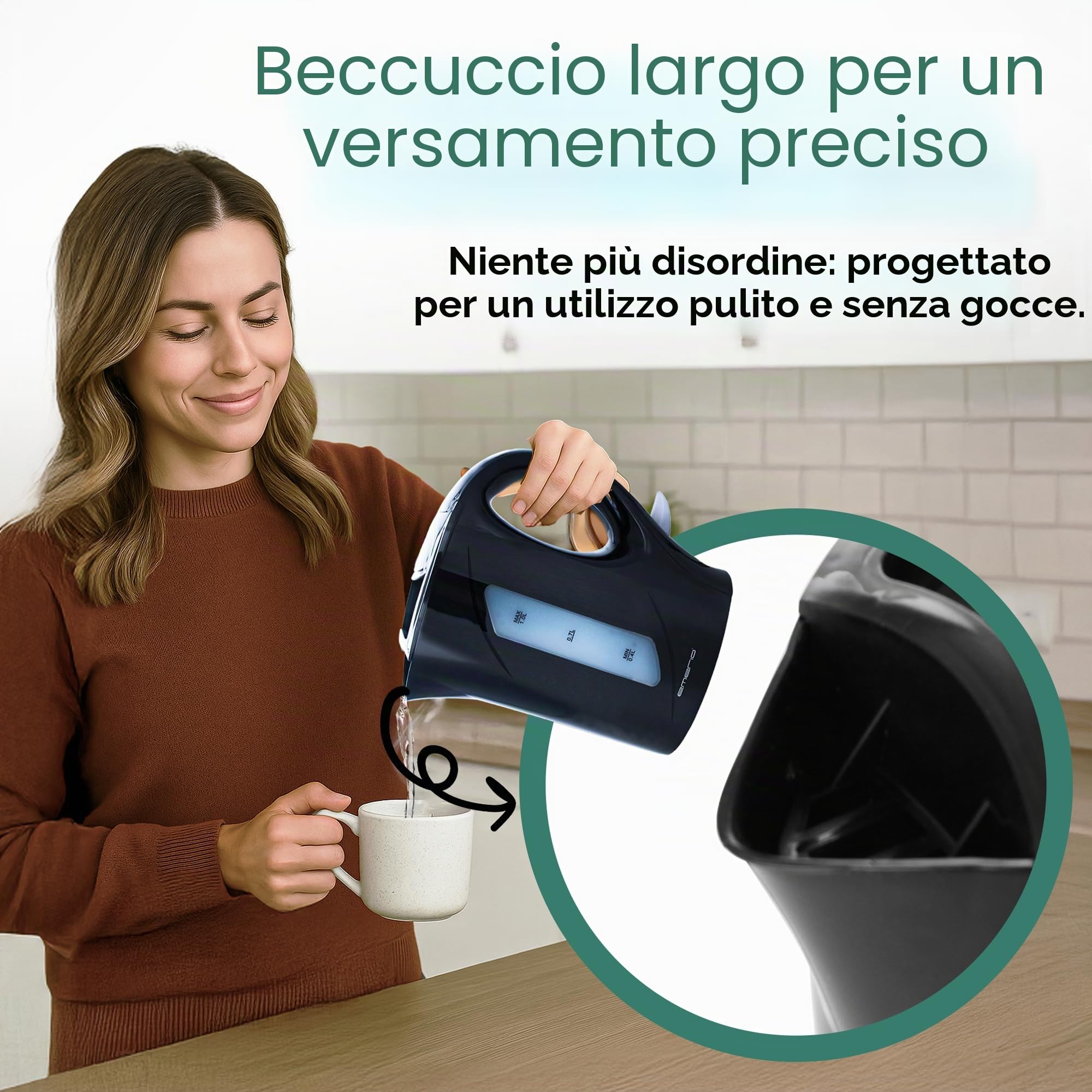 Emerio WK-121616.1 - Bollitore elettrico, 1,0 litri, 900 Watt, indicatore del livello dell'acqua, senza BPA, protezione antigoccia, interruttore on/off illuminato, ideale per casa, campeggio o