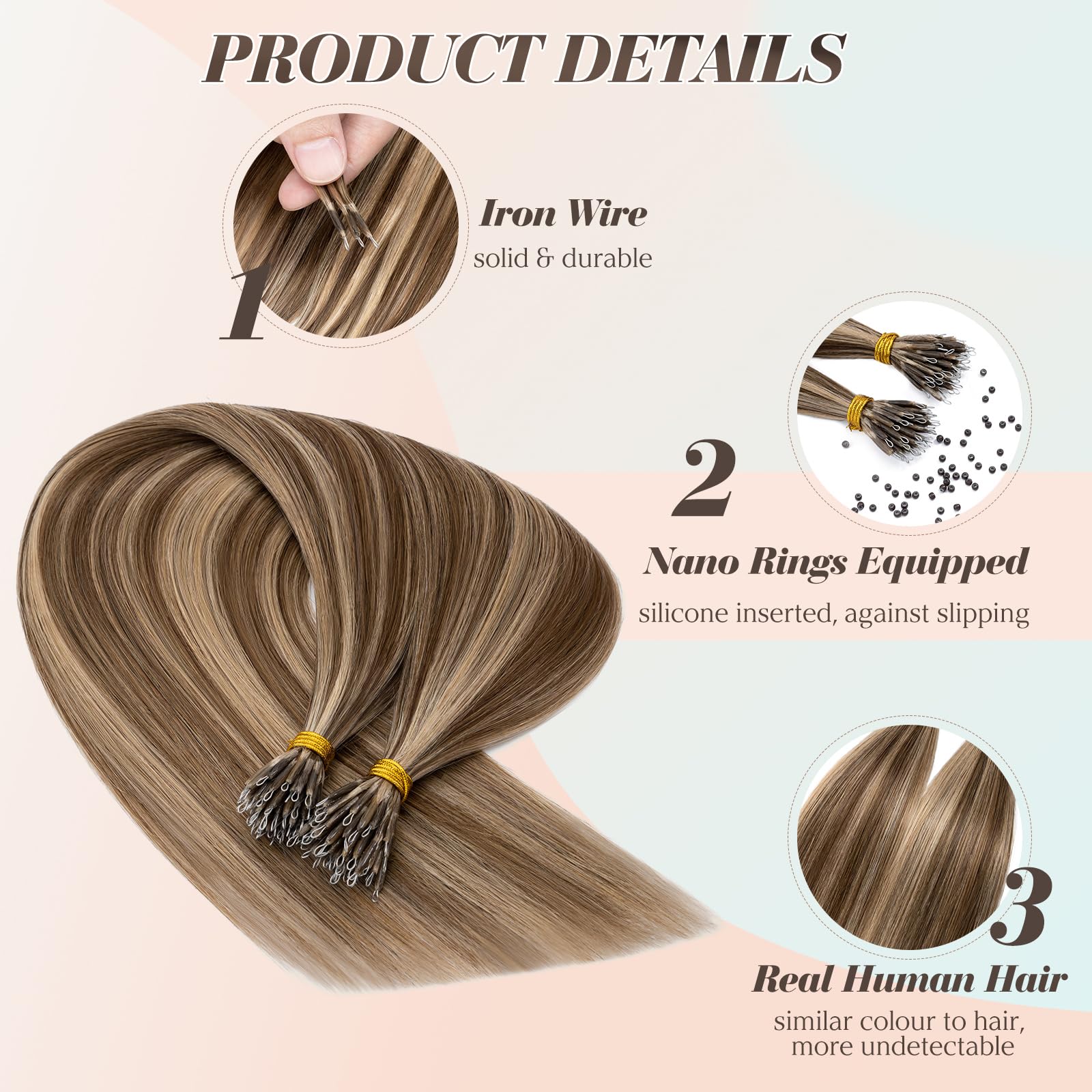Benehair Nano Tip Hair Extensions Real Human Hair Invisible Straight Nano Rings Hair Extensions Silky #4/27 Medium Brown Mix Dark Blonde 16 Inches (35g) - Image 3