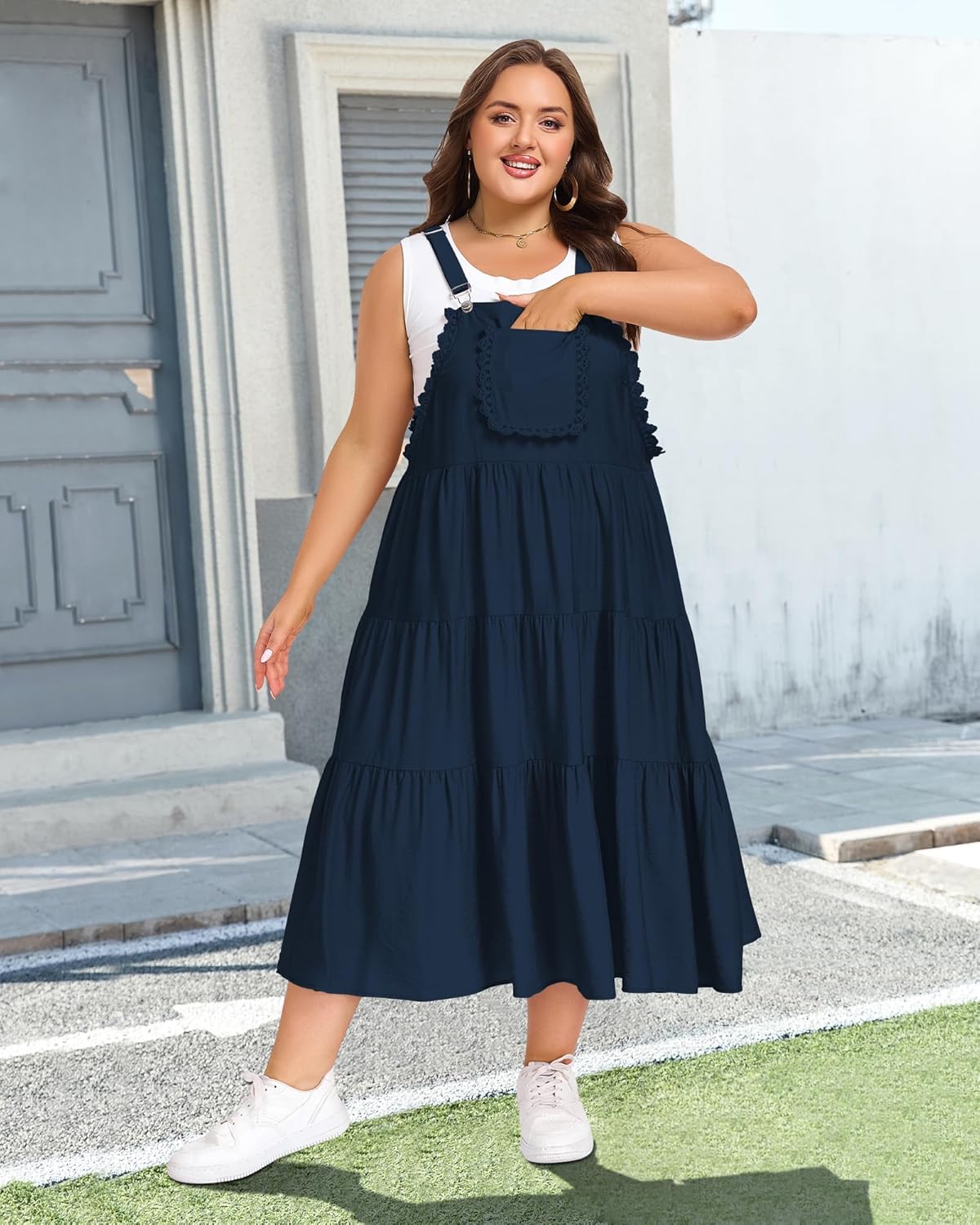 Moon Wood Plus Size Overall Dress for Women Casual Bib Jumper Dress with Pockets Adjustable Straps Summer Maxi Dress - Image 3