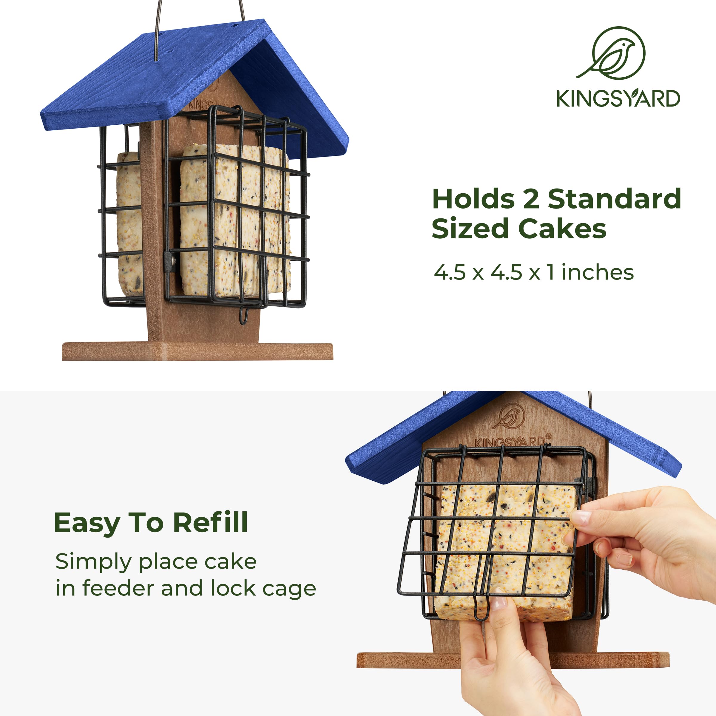 Kingsyard Comederos de plástico reciclado para pájaros para colgar al aire libre, comedero de sebo de alta calidad con jaula doble para tartas de sebo, duradero y resistente a la intemperie, ideal