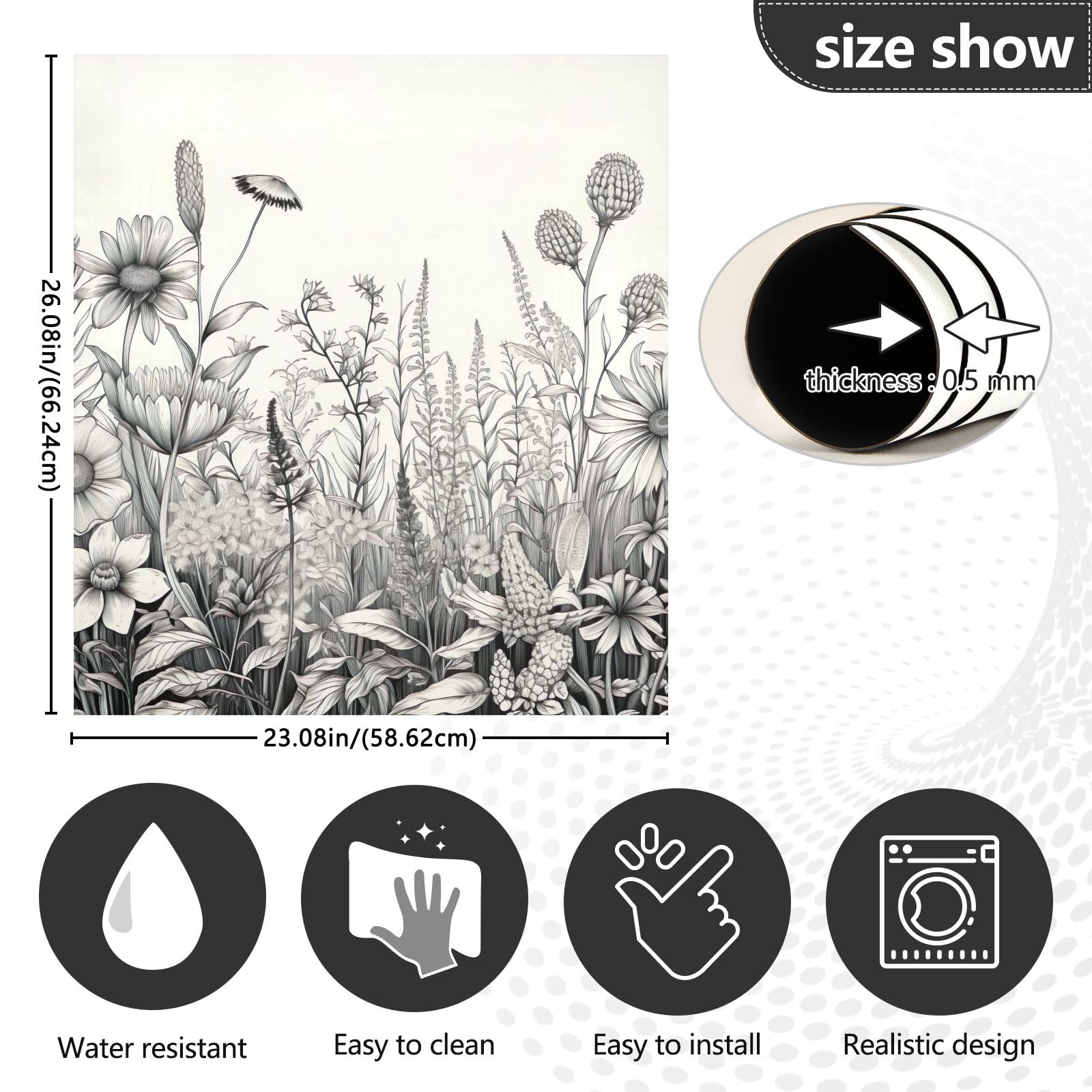 Kitchen Decor - Adesivo magnetico per lavastoviglie, motivo fiori selvatici bianchi e neri, decalcomania frontale per frigorifero, decorazione per elettrodomestici da cucina, 58,4 x 66 cm