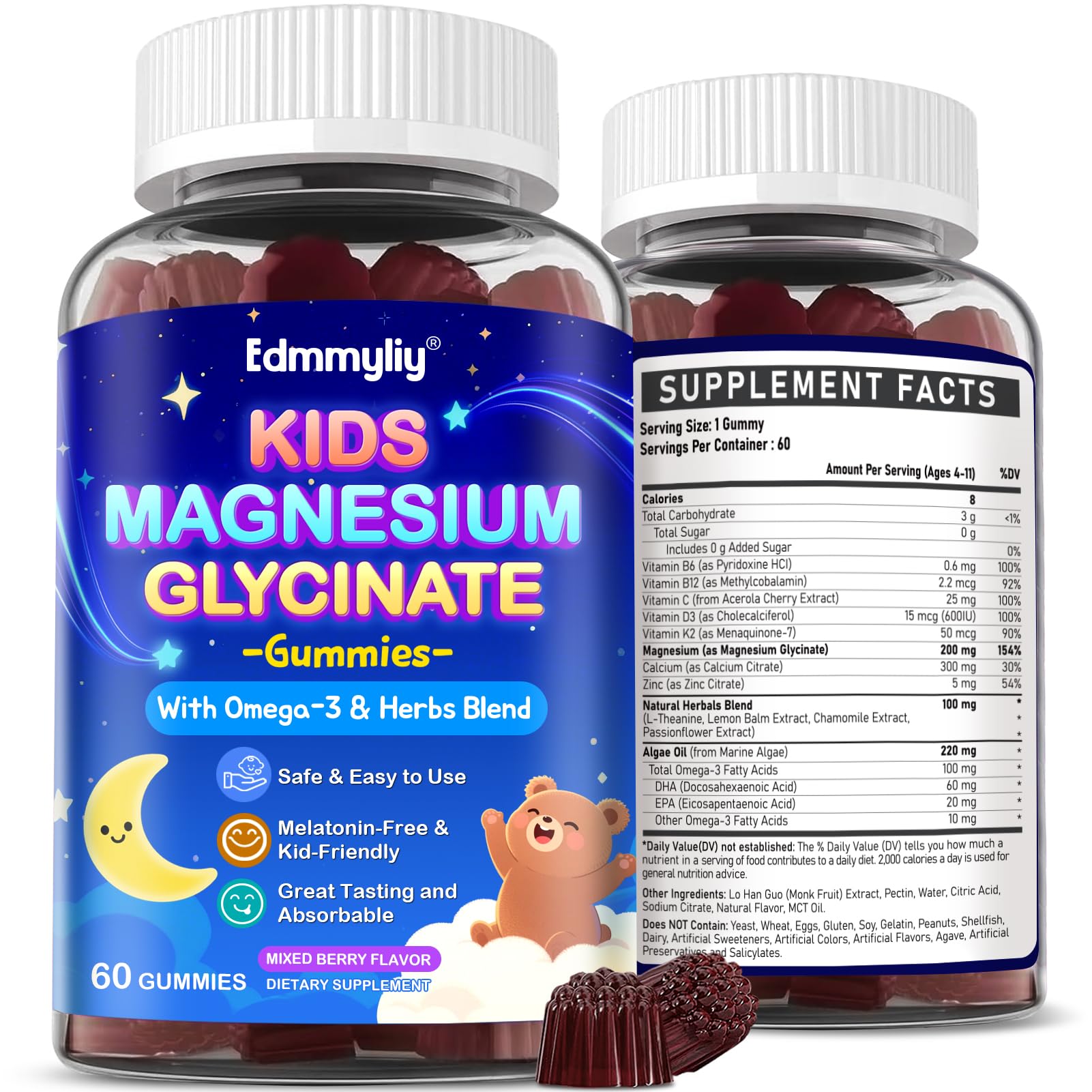 Kids Magnesium Glycinate Gummies - Magnesium Glycinate Supplement 200mg Mixed Berry 60 Count (Pack of 2)