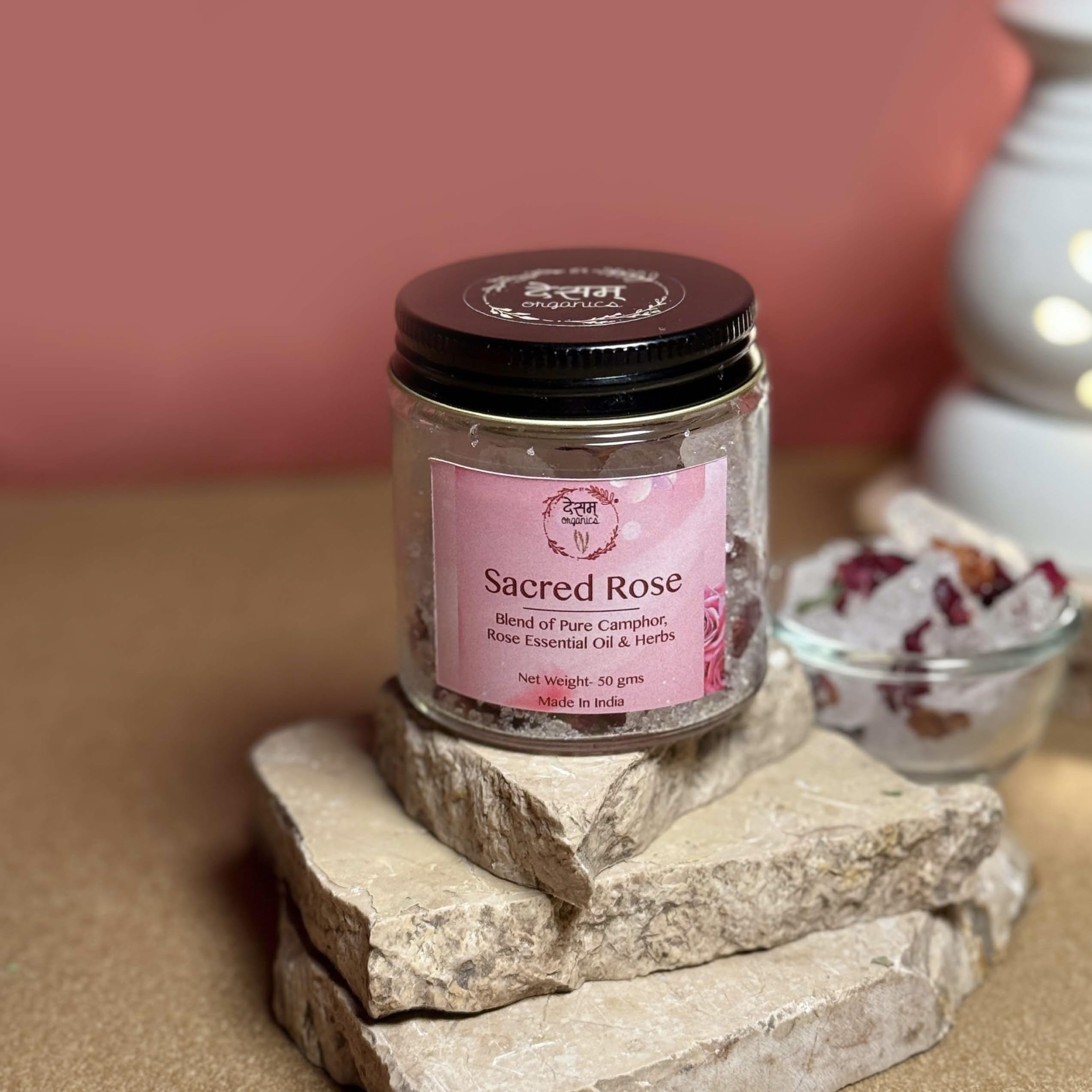 desam organics rose & herbs camphor blend | pure bhimseni kapoor for puja, diffuser, meditation | mosquito repellent | infused with herbs, flowers & essential oil – 50g