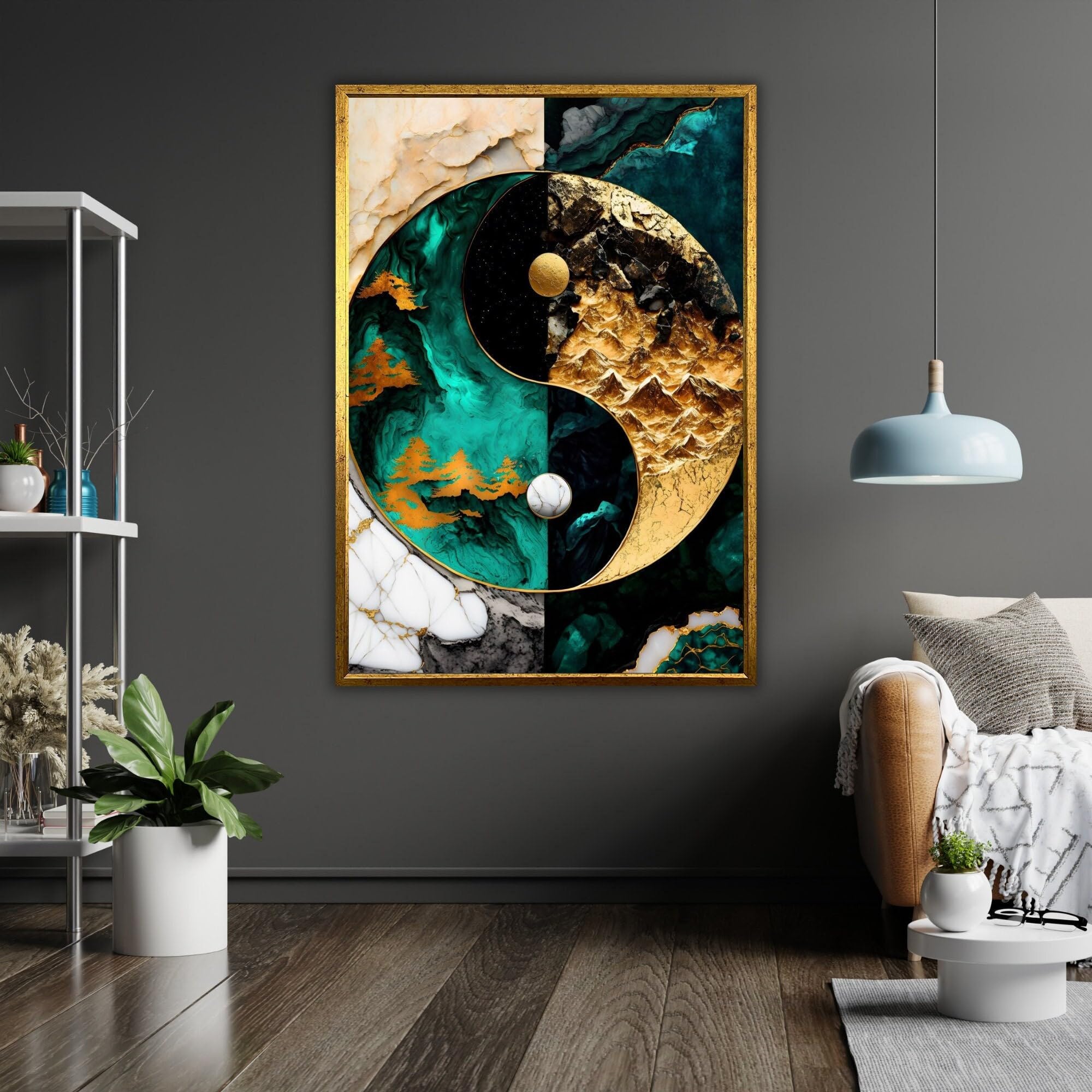 XINBAO Yin Yang Kintsugi Harmony druk na płótnie, gotowy do zawieszenia, oprawiony obraz, dekoracja ścienna z japońską sztuką (70 x 100 cm/rama wewnętrzna)