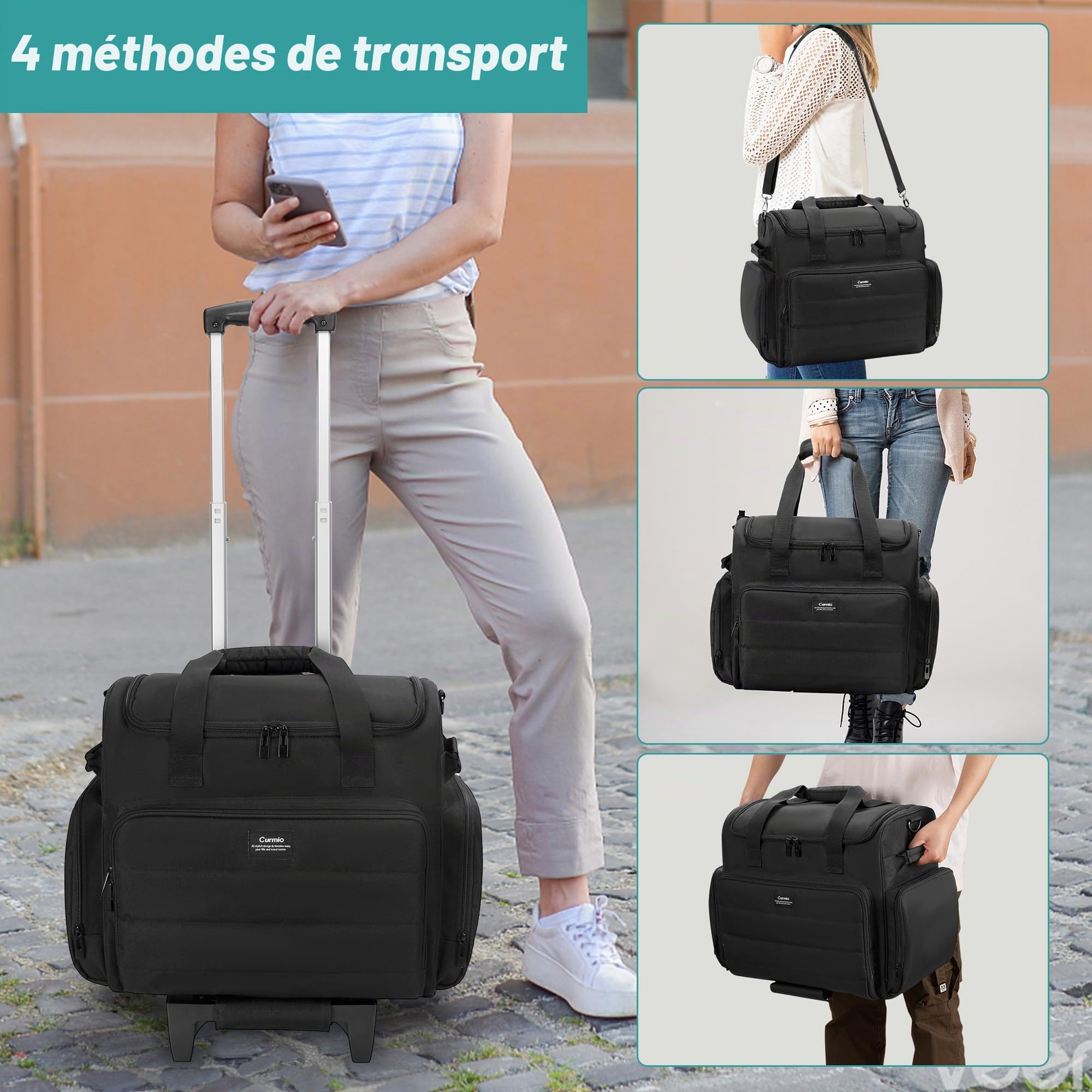CURMIO Sac de Travail pour Enseignant, Mallettes à Roulette pour Professeur Adapté Aux Ordinateurs Portables de 15,6", Noir (Design Breveté)