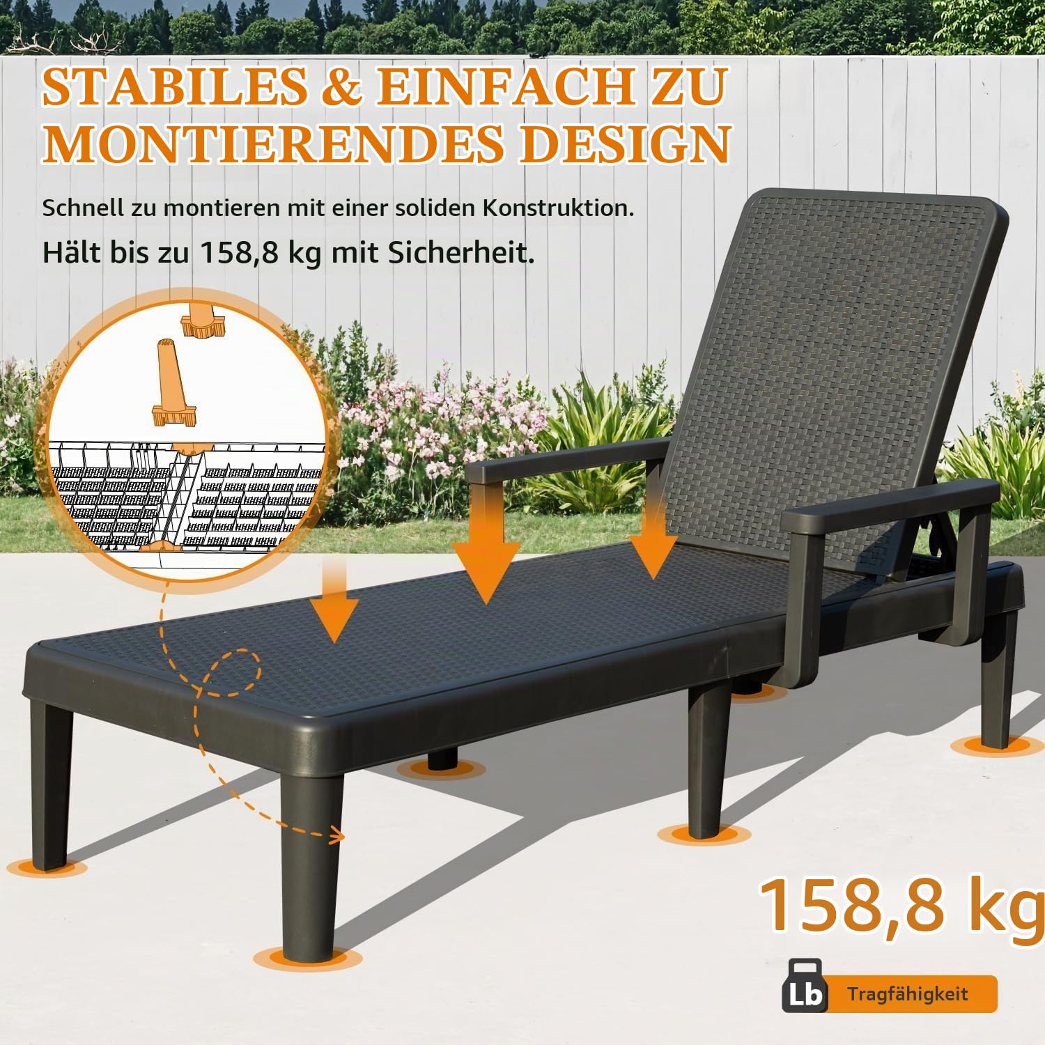 Generisch Domi Sonnenliege, 2er-Set – Gartenliegen mit 6-Fach Verstellbarer Rückenlehne und Armlehnen, wasserfeste Kunstharz-Liegen, geeignet für Pool, Terrasse, Garten und Balkon, Grau