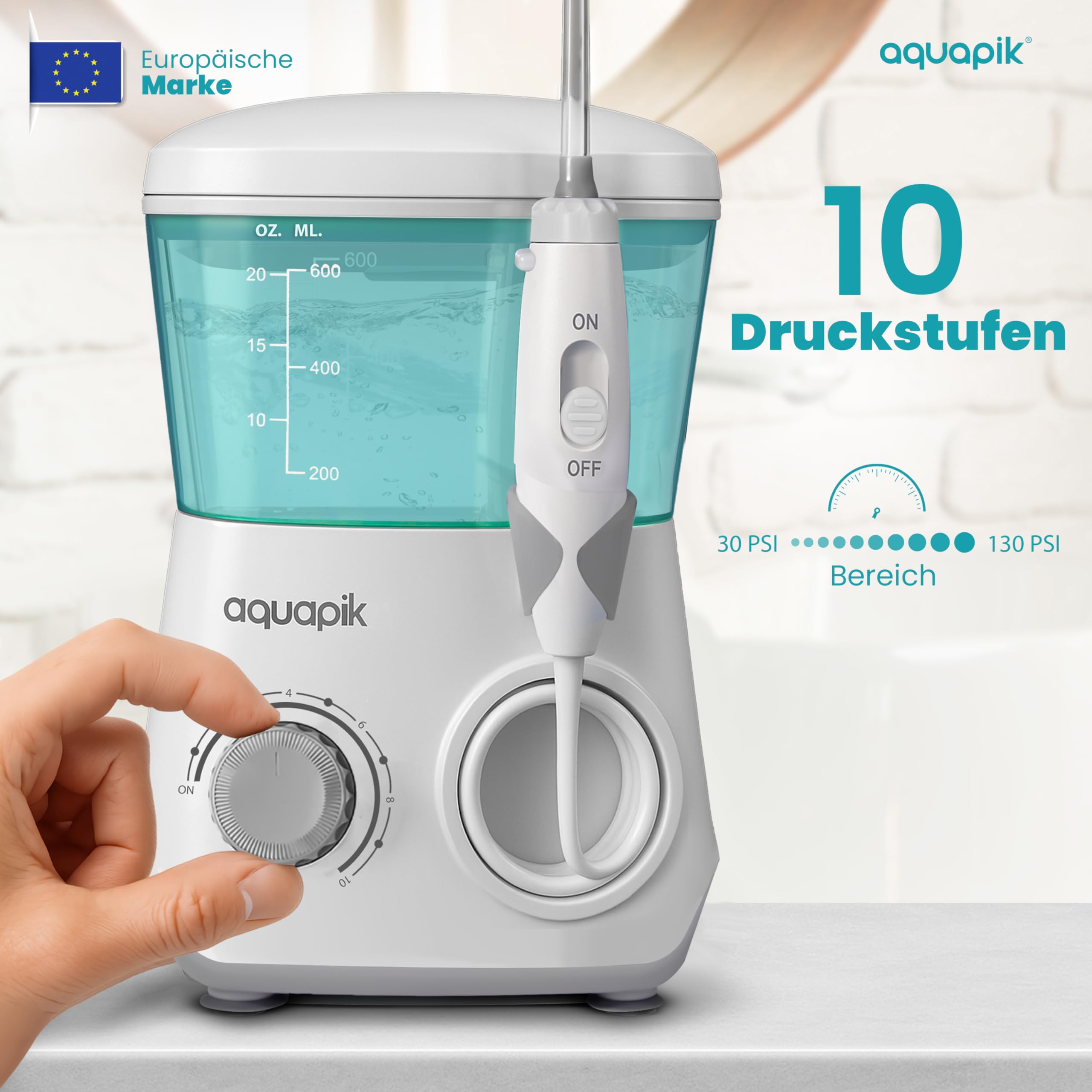 Aquapik® ADVANCED Munddusche | Ideal für Zahnspangen, Implantate und empfindliches Zahnfleisch | Aufhellungs-Kit entfernt Flecken | 10 Druckstufen | 10 Düsen | Von Zahnärzten empfohlen.