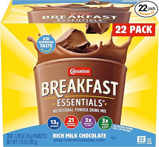 Carnation Breakfast Essentials Powder Drink Mix Rich Milk Chocolate, 22 Count Box of Packets (Packaging May Vary)
