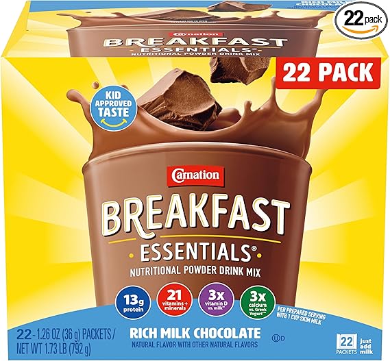 Carnation Breakfast Essentials Powder Drink Mix Rich Milk Chocolate, 22 Count Box of Packets (Packaging May Vary)