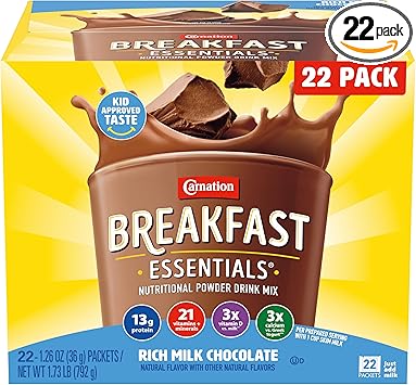 Carnation Breakfast Essentials Powder Drink Mix Rich Milk Chocolate, 22 Count Box of Packets (Packaging May Vary)