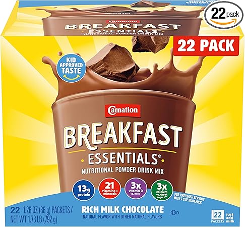 Carnation Breakfast Essentials Powder Drink Mix Rich Milk Chocolate, 22 Count Box of Packets (Packaging May Vary)