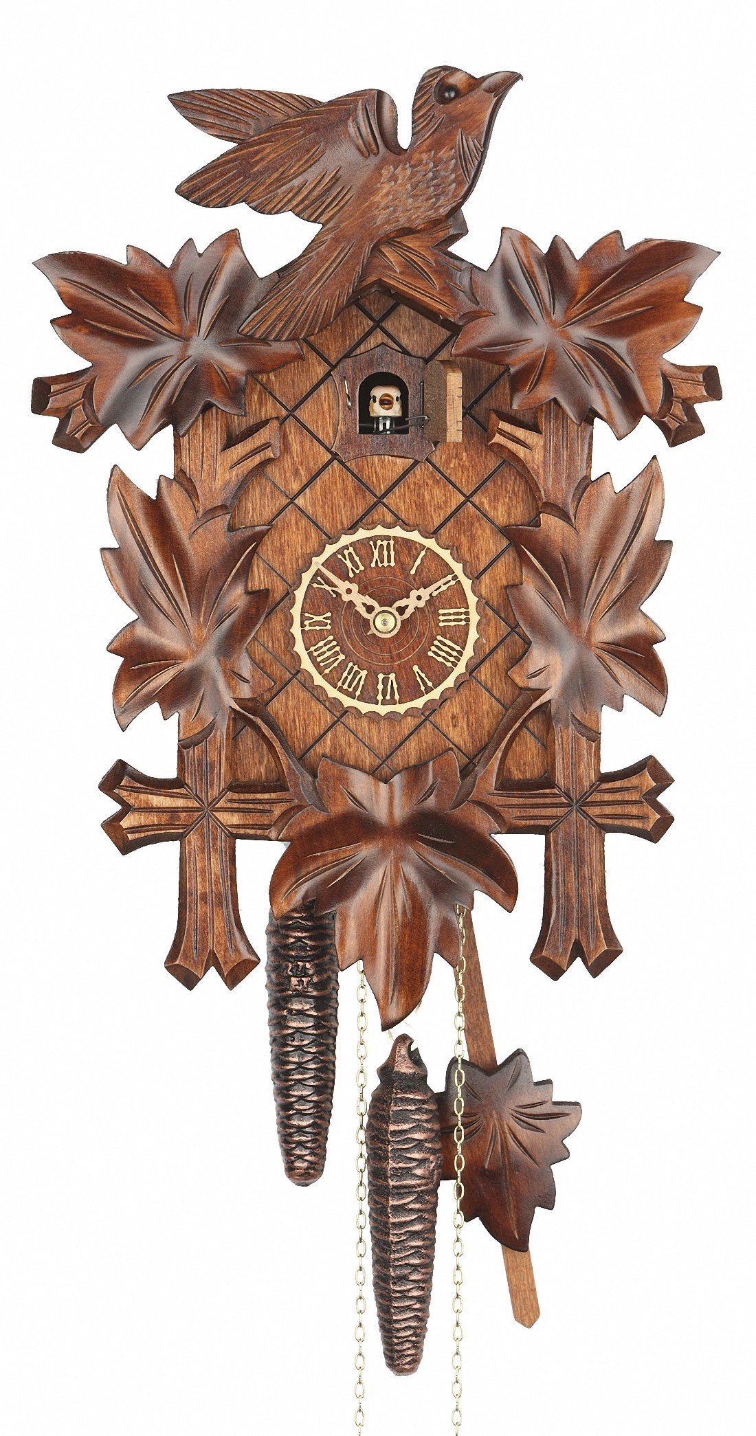 Trenkle Cuckoo Clock Five leaves with bird, 8 day running time, walnut