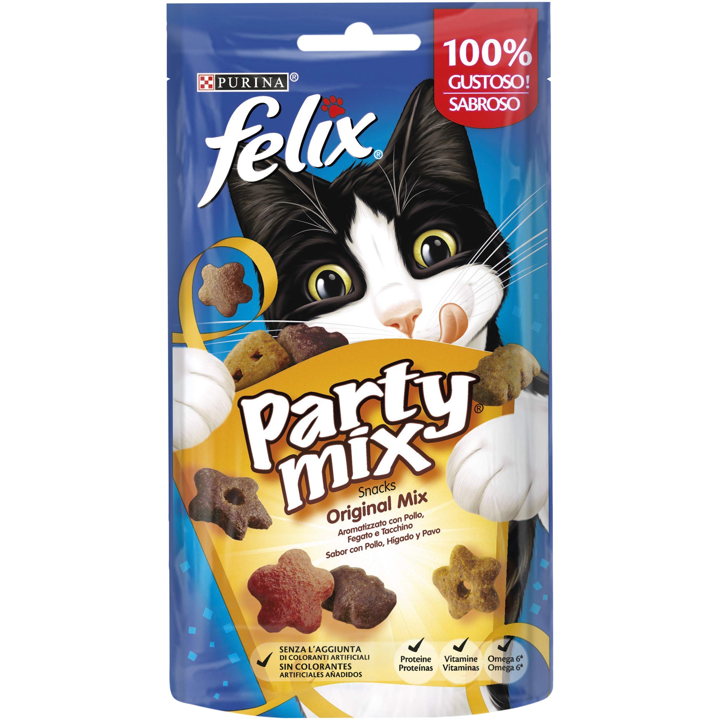 Felix Purina Party Mix Original, Snack, premio para Gato con Pollo, Higado y Pavo, 8 bolsas de 60g
