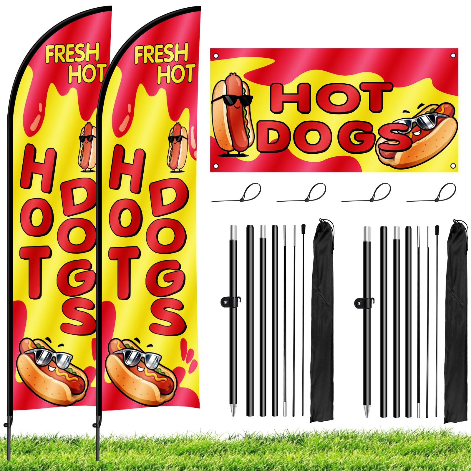 Kerty 2 Sets Hot Dog Feather Flag with Pole Kit, 8.2FT Advertising Swooper Flag Banner for Business Restaurant Advertising Banner for Outside