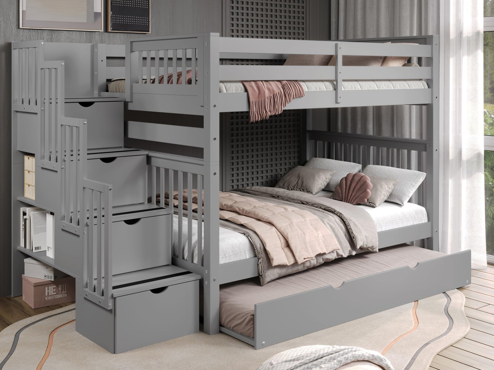 Bedz King Stairway Bunk Beds Full over Full with 4 Drawers in the Steps and a Twin Trundle, Gray
