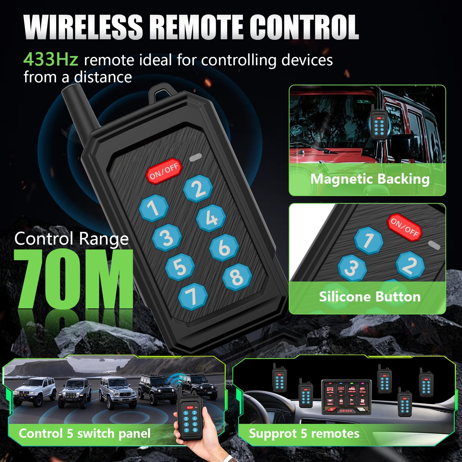 Chelhead Pannello interruttori RGB 8 vie, telecomando 70 m con app Bluetooth, flash momentaneo stroboscopico, pannello interruttori 12 V impermeabile IP65, retroilluminato