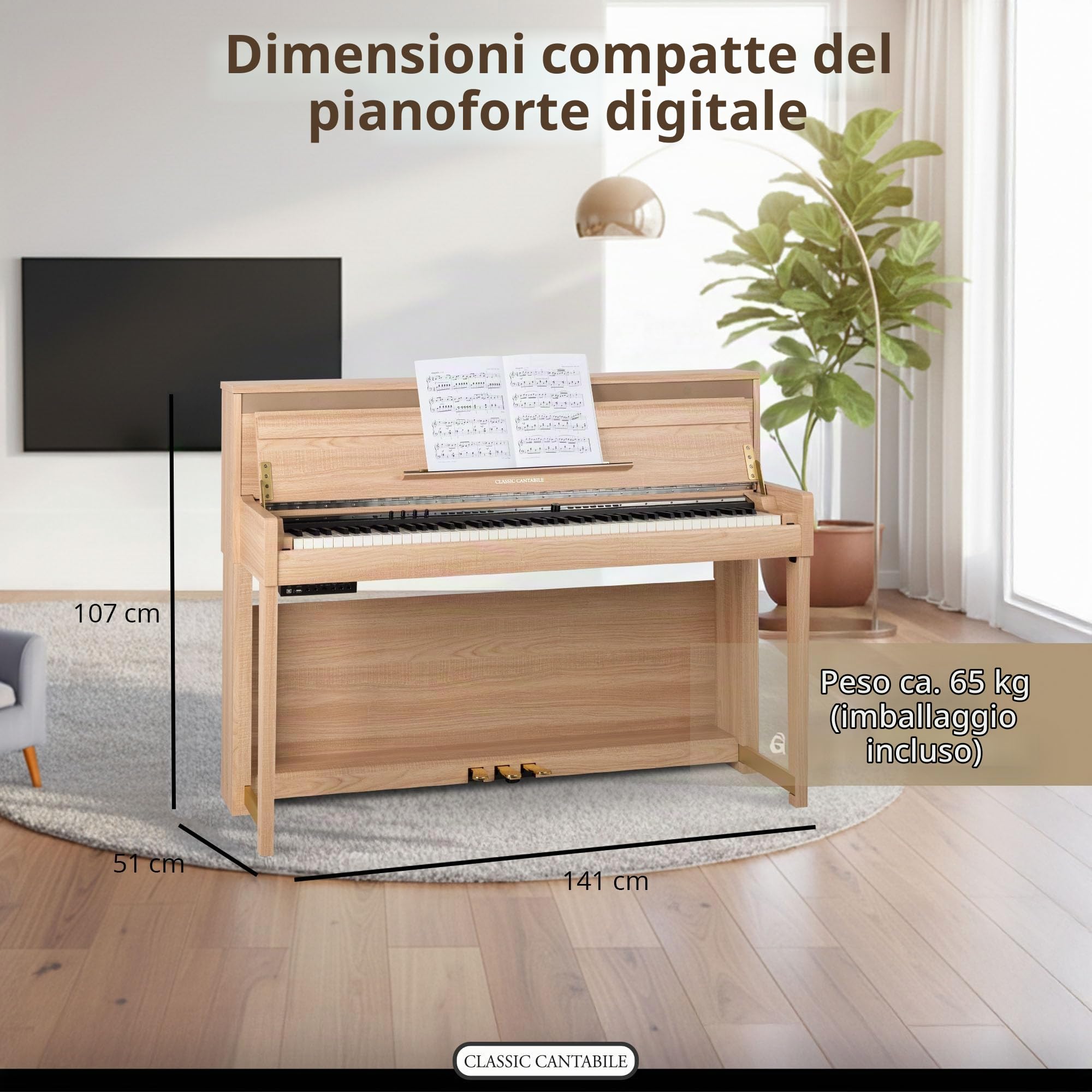 Classic Cantabile UP-1 LA Pianoforte Verticale Digitale - 88 Tastiera pesata - Pianola musicale con USB, MIDI, 256 polifonia, 40 voci - Piano digitale Set con Panca e Cuffie - Quercia Chiara
