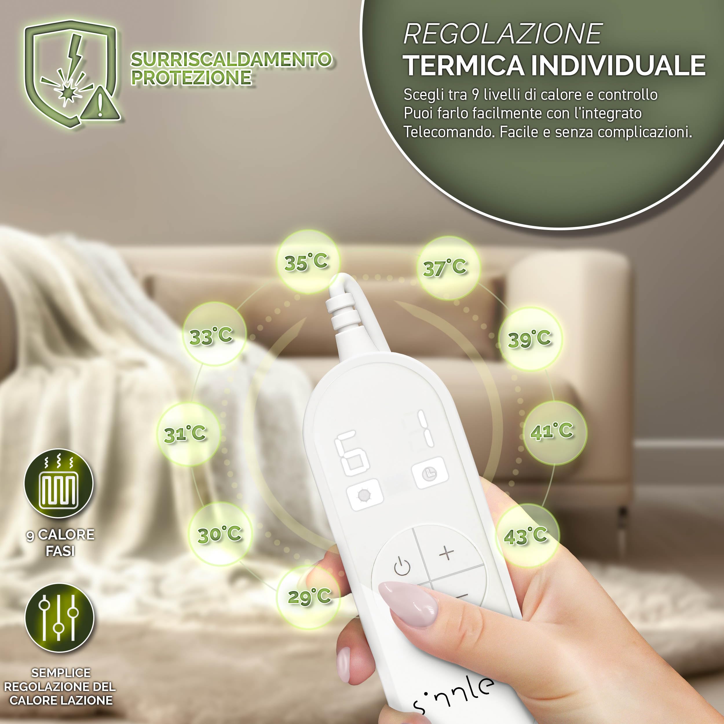 sinnlein® Coperta Elettrica 180x130cm con spegnimento automatico | 9 Livelli di Riscaldamento, Timer, Riscaldamento Rapido, Per Divano, Letto