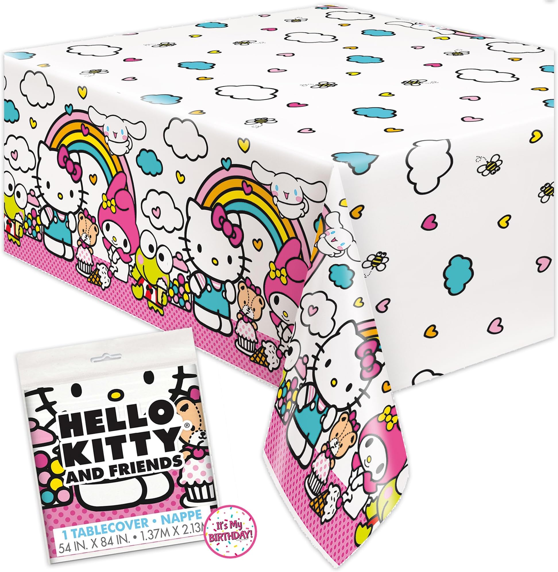Unique Hello Kitty Birthday Decorations - Rectangular Plastic Tablecloth (Pack of 1) & Sticker (1), White/Pink, 0304902HK