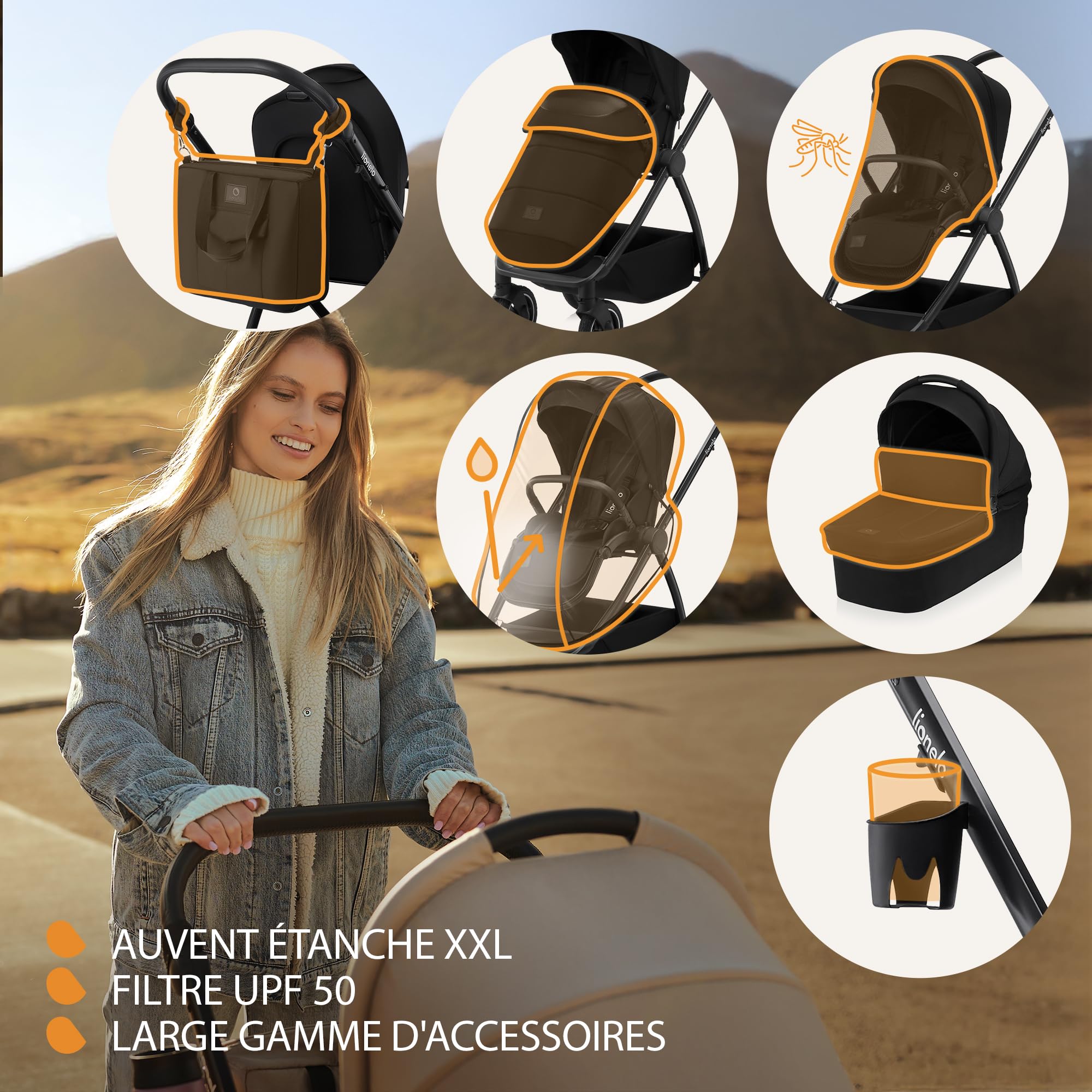 LIONELO MERIL 3 en 1 Poussette Bébé Multifonctionnelle 0 à 48 Mois Jusqu'à 22 kg, Nacelle Jusqu'à 9 kg, Siège Auto, Roues Tout-terrain 360 °, Amortissement Complet Auvent XXL UPF50+ (Black)