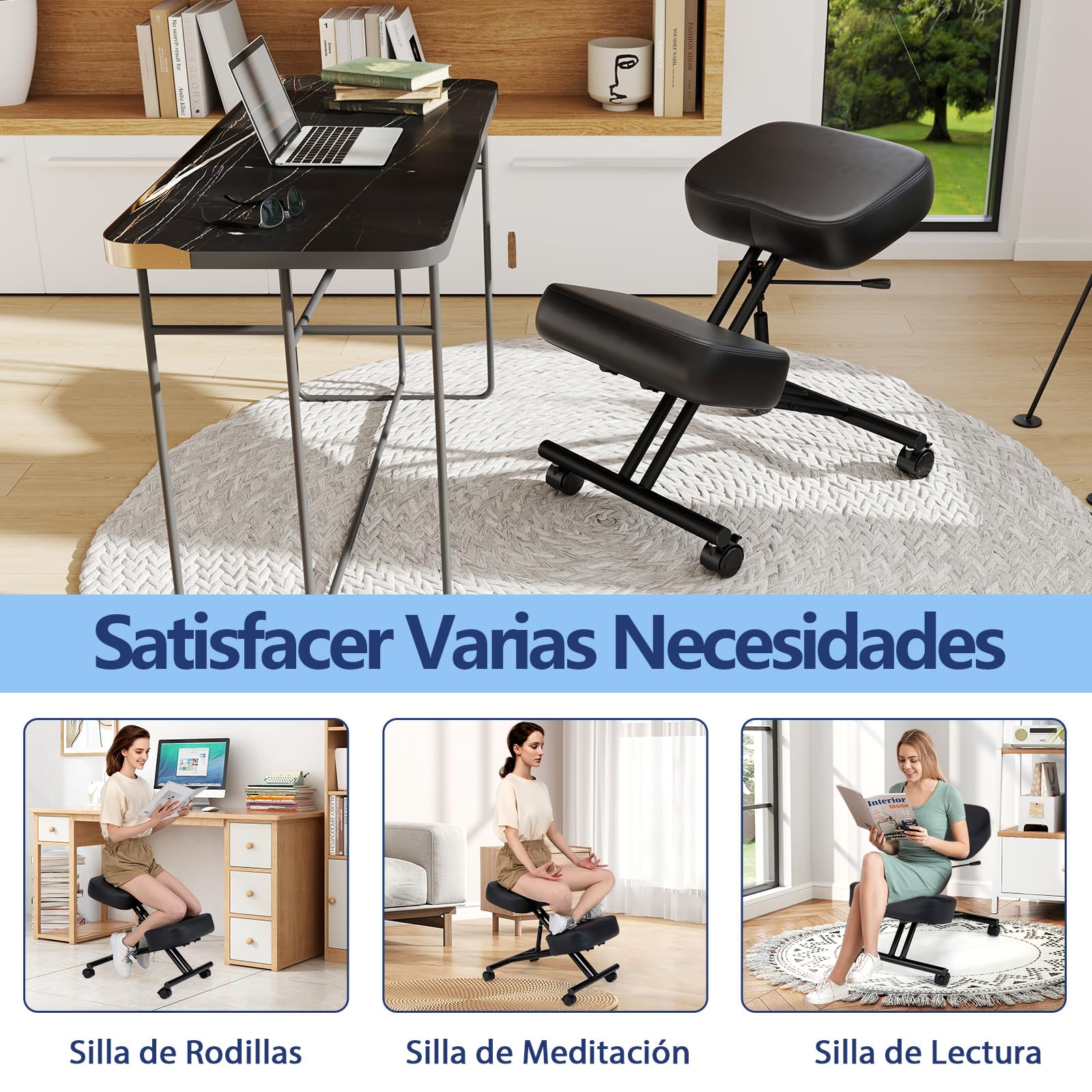 COSTWAY Silla Ergonomica Rodillas, Ajustable en Altura, Cojines de Espuma, Taburete Corrector de Postura con Asiento Inclinado para Aliviar el Dolor, Silla de Oficina con Ruedas Universales