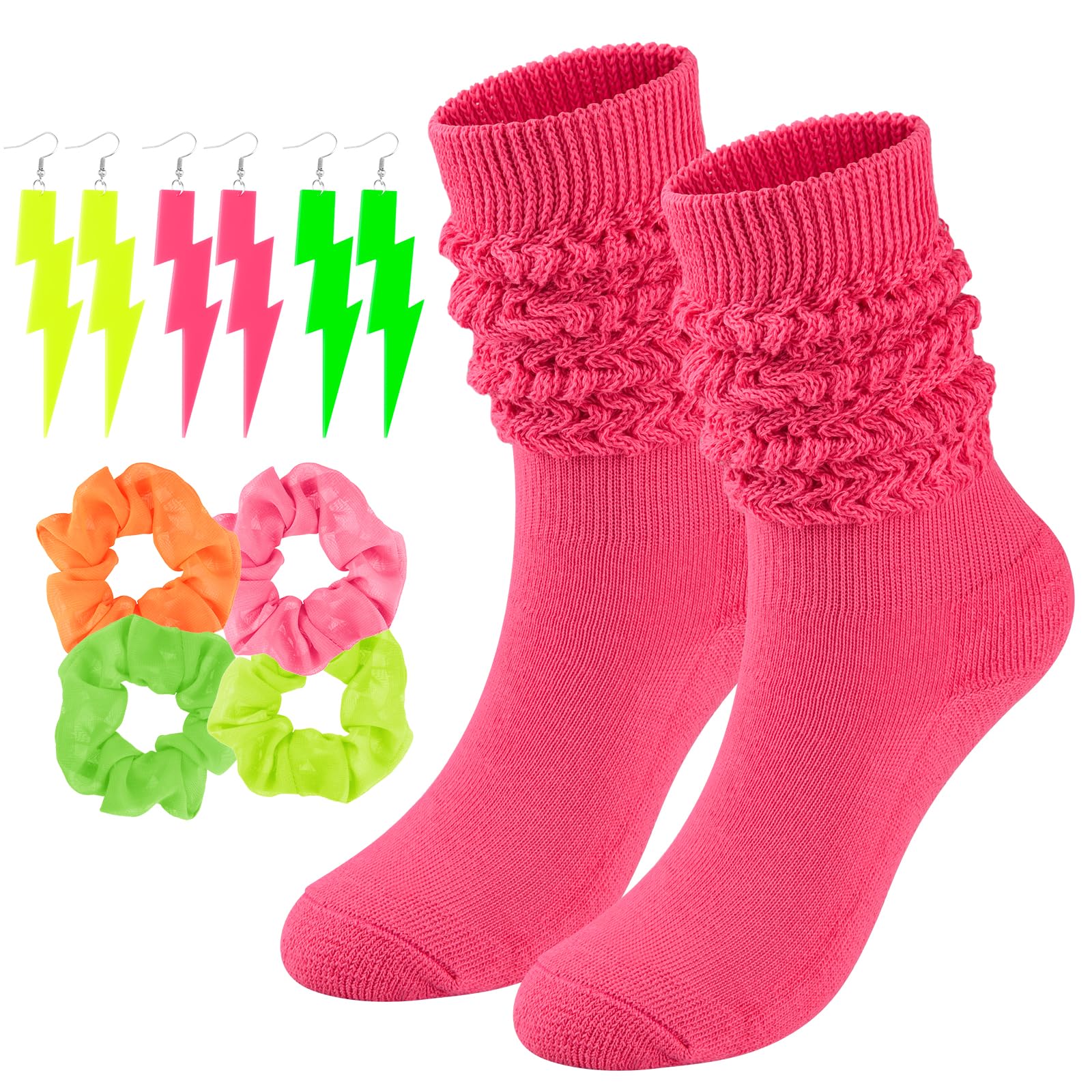 Neon Slouch Socks for Women, 80s 90s Scrunch Knee High Socks