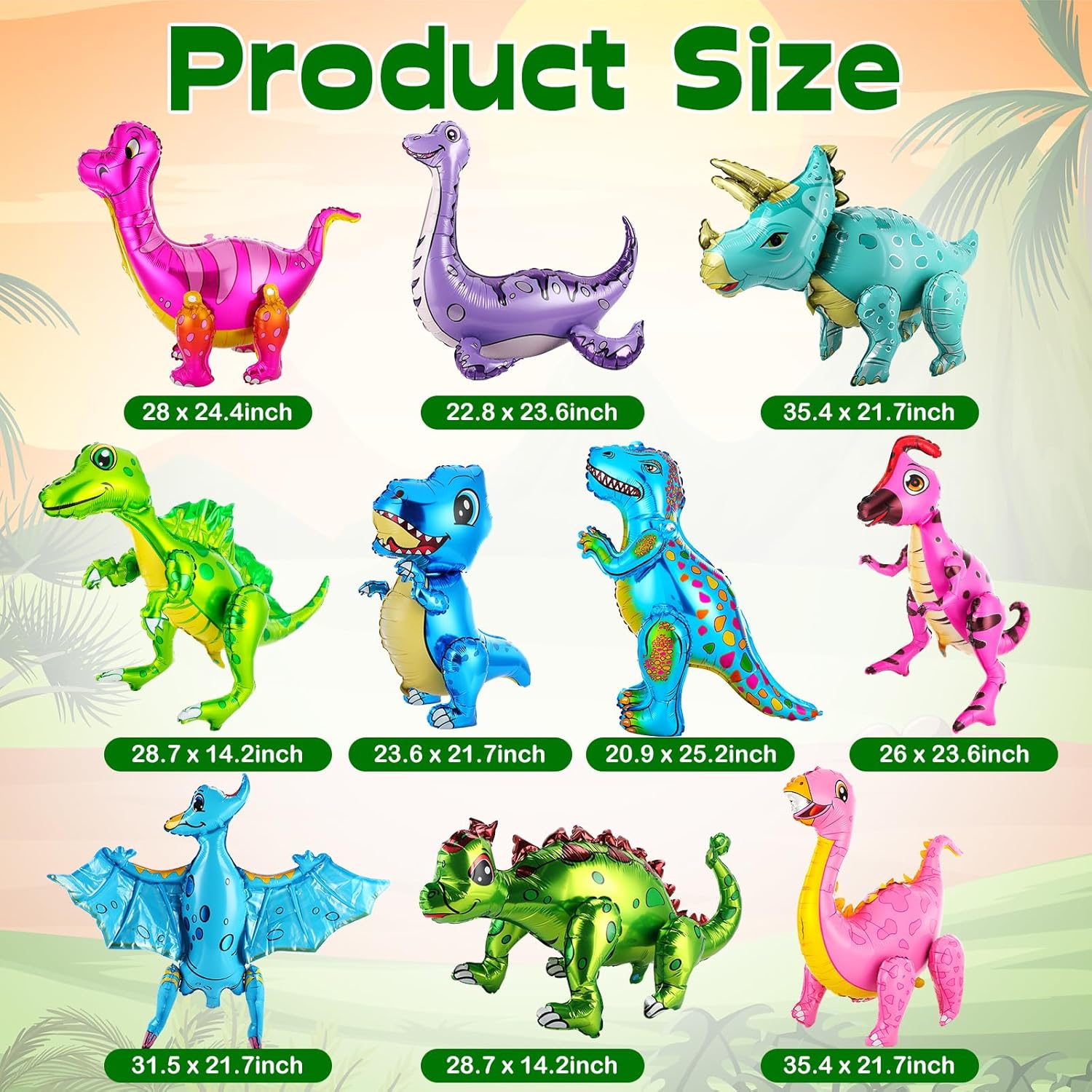 10 Pcs Giant 3D Dinosaur Balloons for Birthday Party Decorations (20-35") Cute Self-standing Dino Balloons Inflatable Foil Balloon for Jungle Theme, Jurassic Theme, Baby Shower Supplies