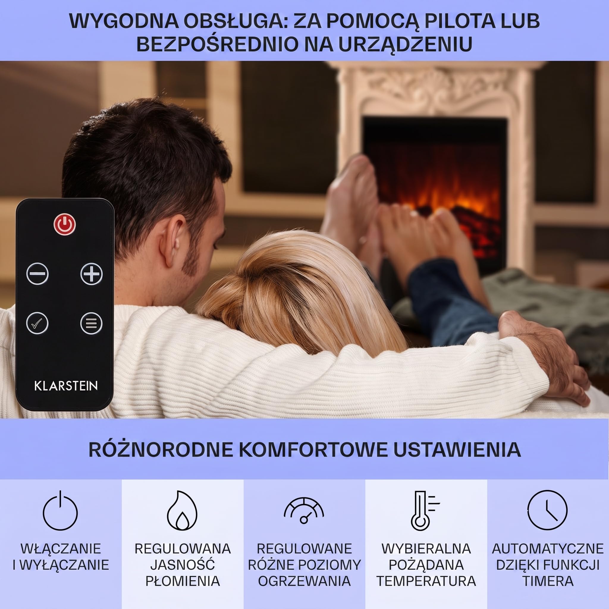Klarstein Kominek dekoracyjny z płomieniami LED, Kominek elektryczny z ogrzewaniem, 1800W elektryczny, ścienny z pilotem i timerem, Kominki elektryczne z obudową z MDF