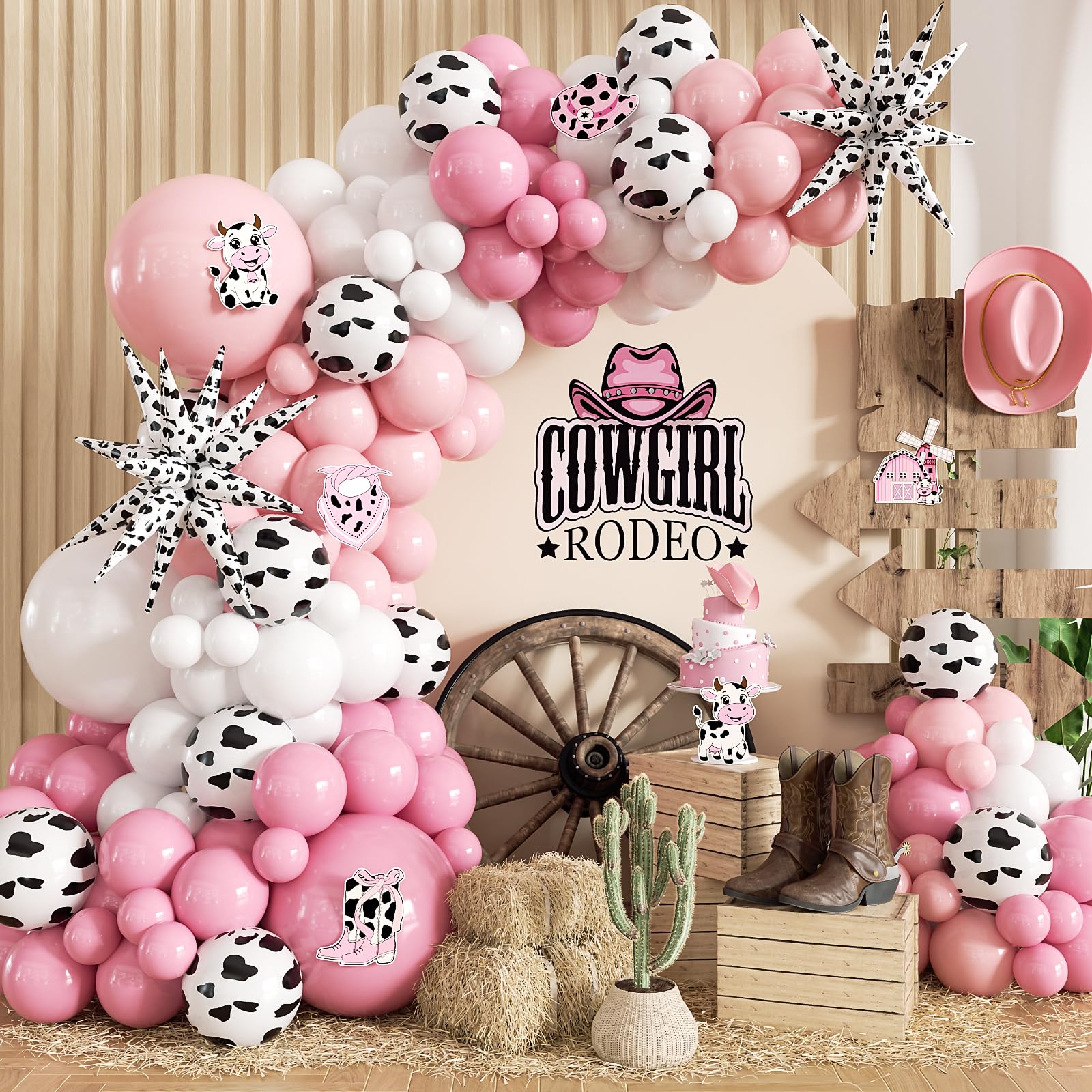 Adeyoo Cowgirl Balloon Arch Kit, Pink and White Balloons with 6 Cow Cutouts — image 1
