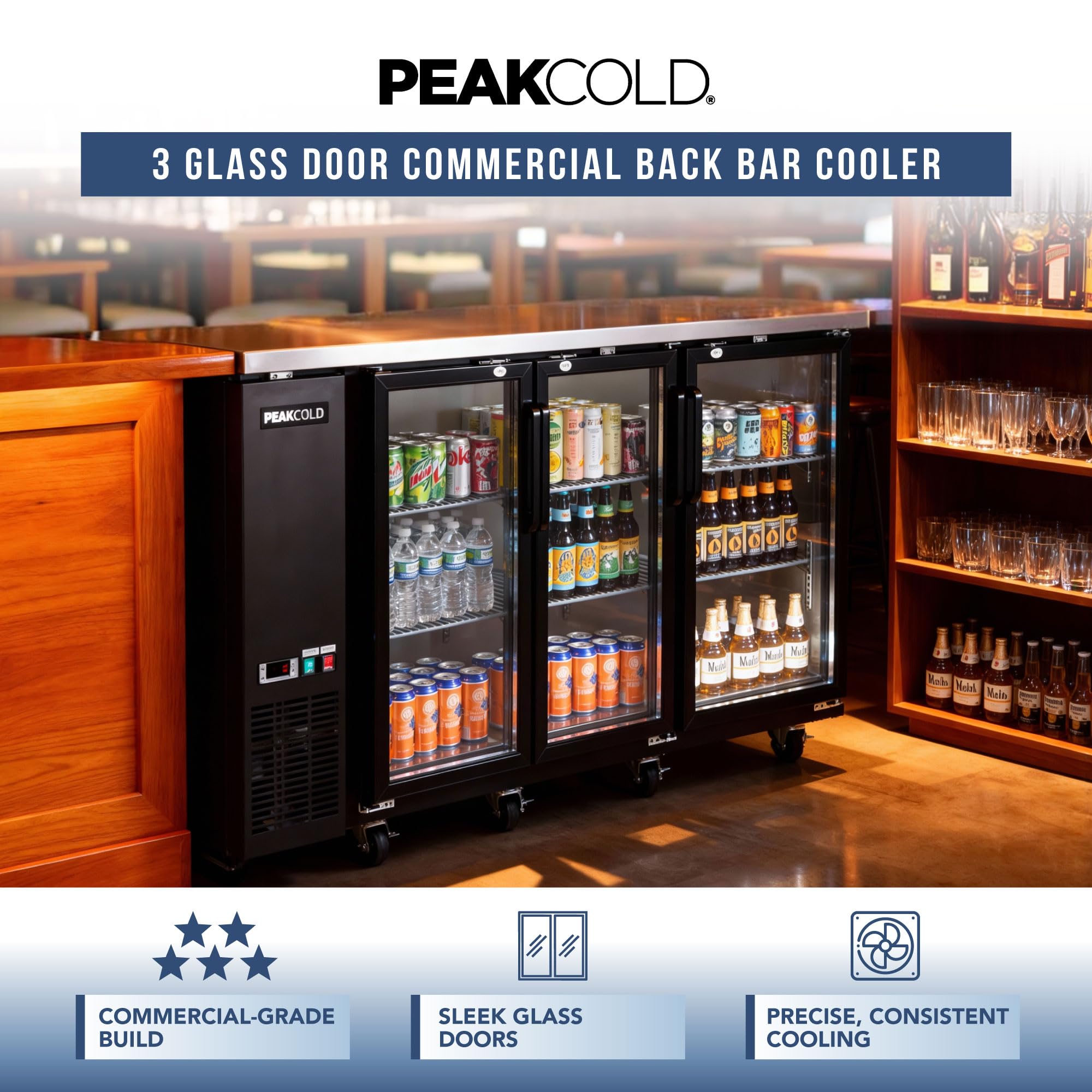 Peakcold 3-Door Counter Height Beverage Refrigerator - 72" Wide Energy Efficient Black Beer Fridge With Glass Doors & White LED Lighting - Commercial Back Bar Cooler on Fridge.com - View 2