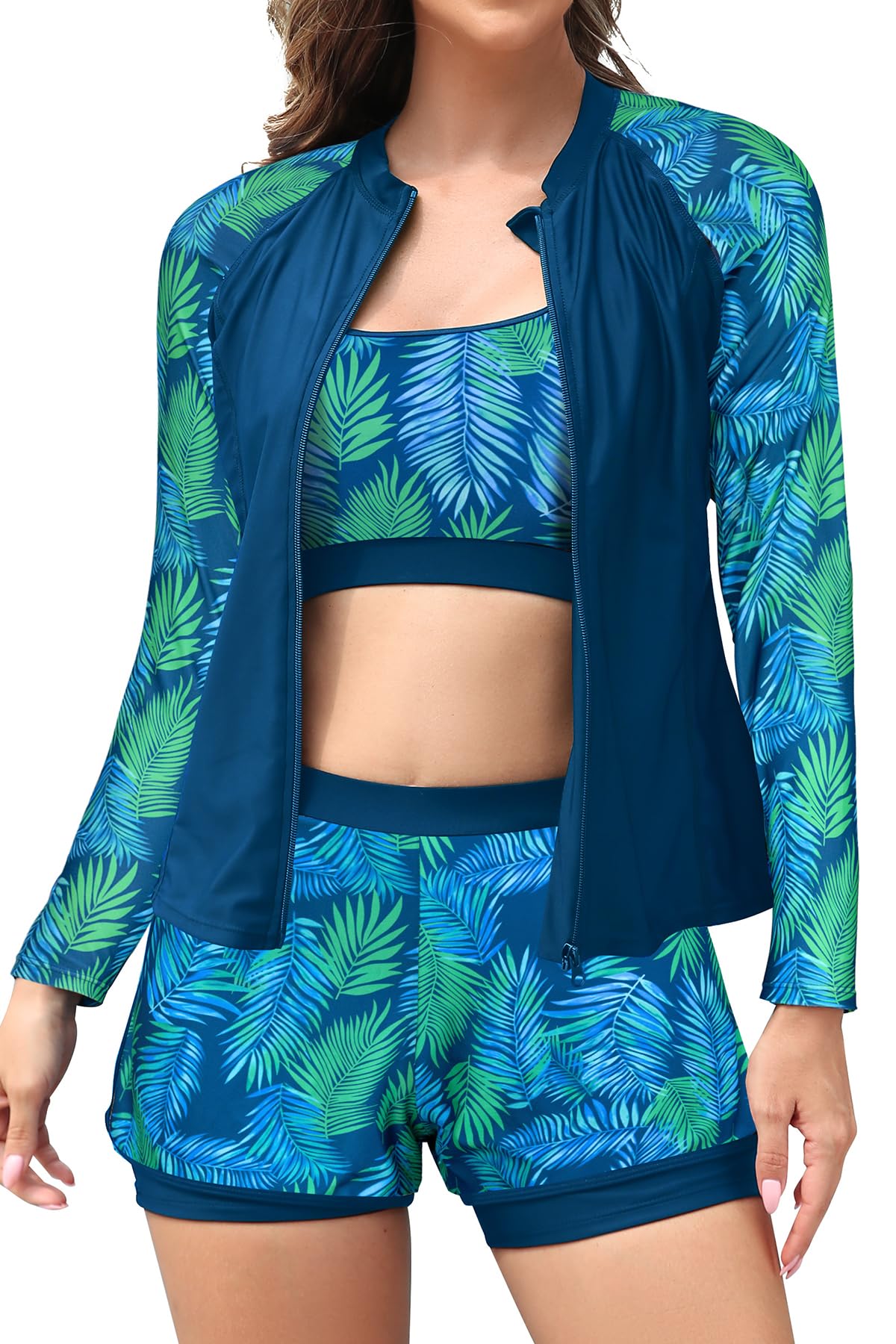 SHEKINI Damen 3-teiliger Rashguard-Badeanzug mit Reißverschluss, langärmelig, gepolstert, Sport-BH mit Boyshorts, bescheidener Badeanzug-Set