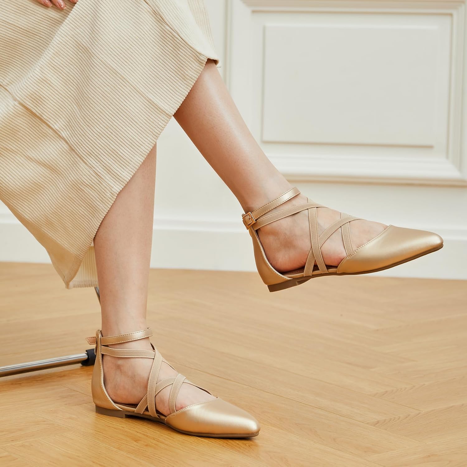 Trary Flats for Women, Mary Jane Shoes Women Ballet Flats with Elastic Ankle Straps, Comfortable Pointed Toe Dress Shoes for Office or Casual Wear - Image 2