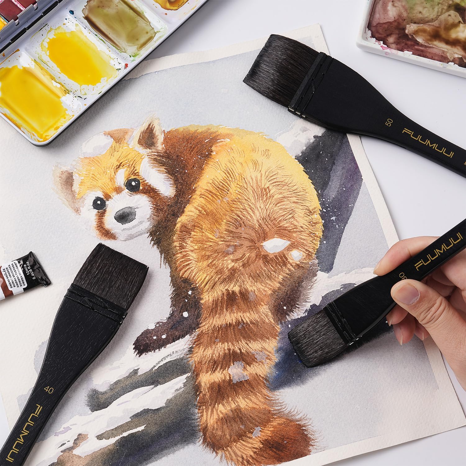 Flat Watercolor Brushes, 3pcs Professional Squirrel Hair Flat Hake Brushes Set, Artists Scale Large Paint Brush with Long Handle for Watercolor and Acrylic Paints