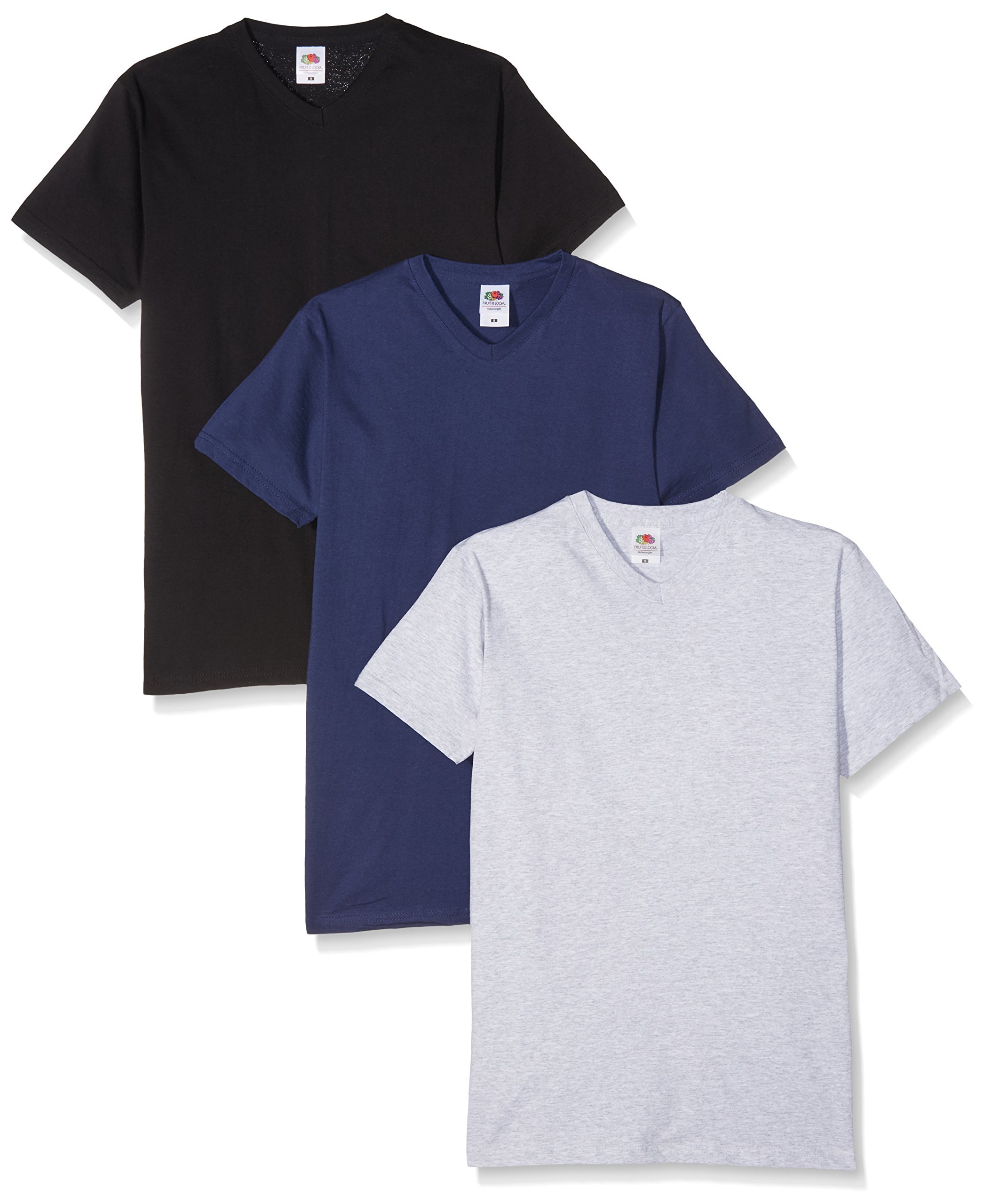 Fruit of the Loom Men's V-Neck Valueweight T-Shirt, Navy/Heather/Black, Medium Pack of 3