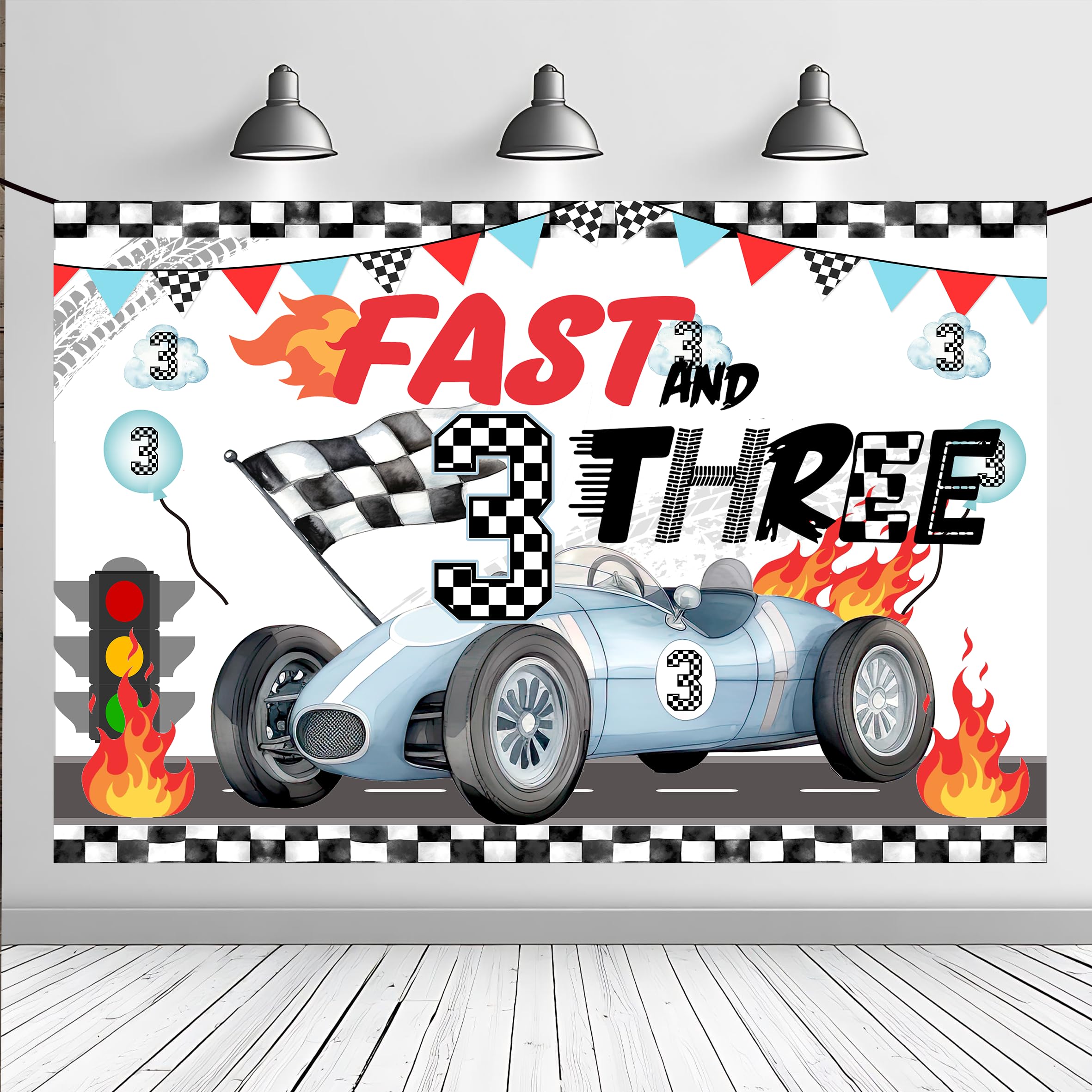 Race Car Themed 3rd Birthday Backdrop Banner Racing Themed 3rd Bday Party Supplies Decorations Fast & Three Race Car Birthday Banner Decor