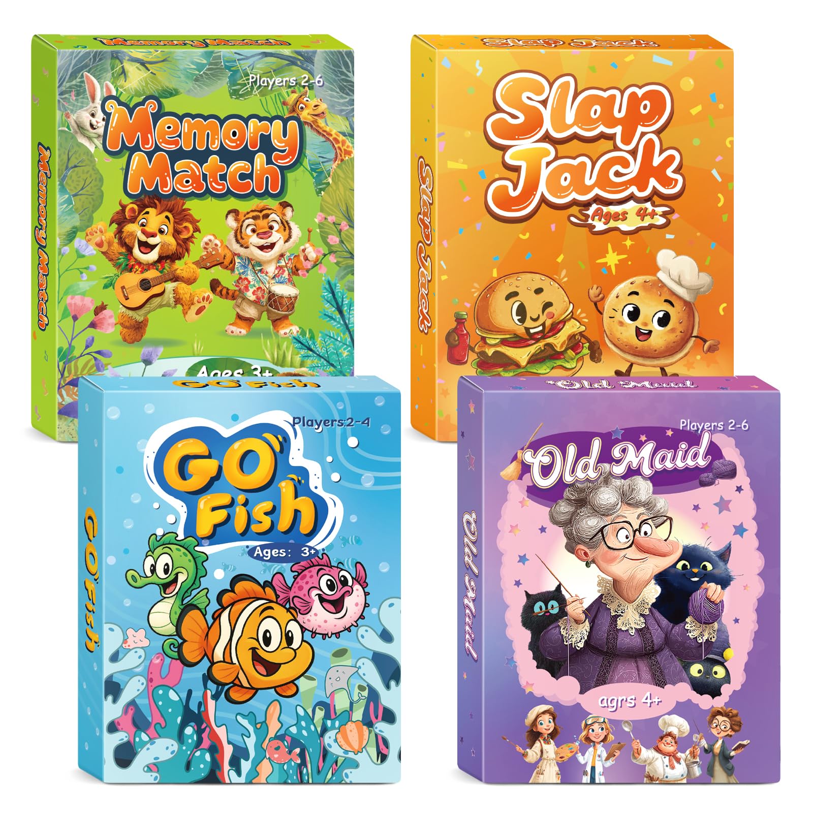 Jeux de cartes pour enfants : Go Fish, Old Maid, Slap Jack et Memory Match - 4 jeux de cartes classiques pour enfants pour une soirée de jeu en famille, parfaits pour les tout-petits, les