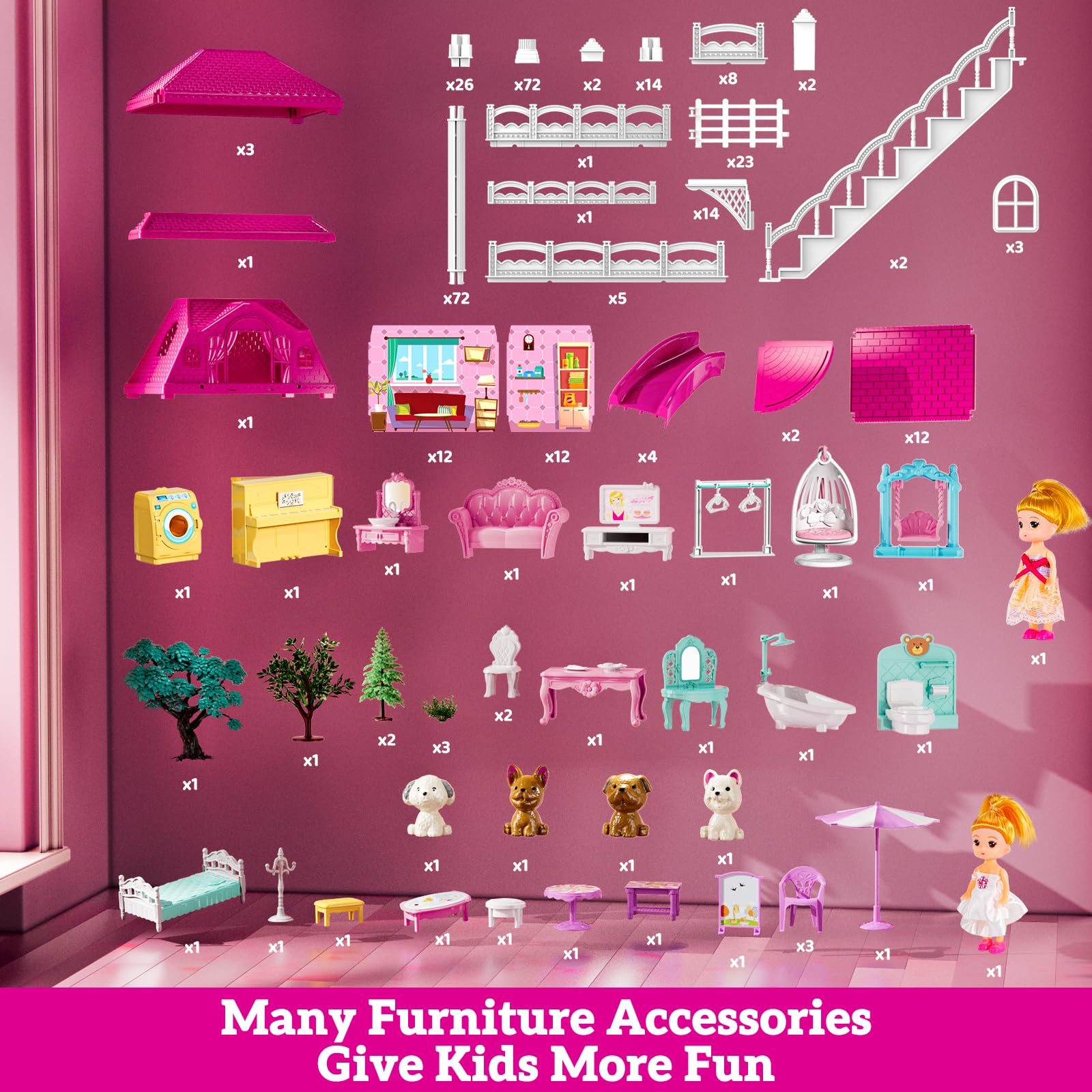 Villa Playset for Girls Ages 3-7, 4-Story 12 Room House with 2 Dolls, Furniture and Accessories, Indoor Playset Girls Toys for Ages 6-8, Pretend Toddler Toy, Birthday Gifts for Kids 4-8