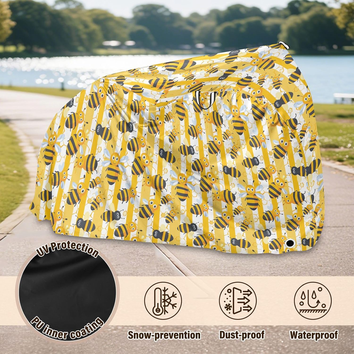 ALAZA Cartoon Bee Honeycomb Bike Cover Waterproof Outdoor Ebike Bicycle Covers Tarp Protection for 1/2 Bikes, Sun UV Dust Wind Proof