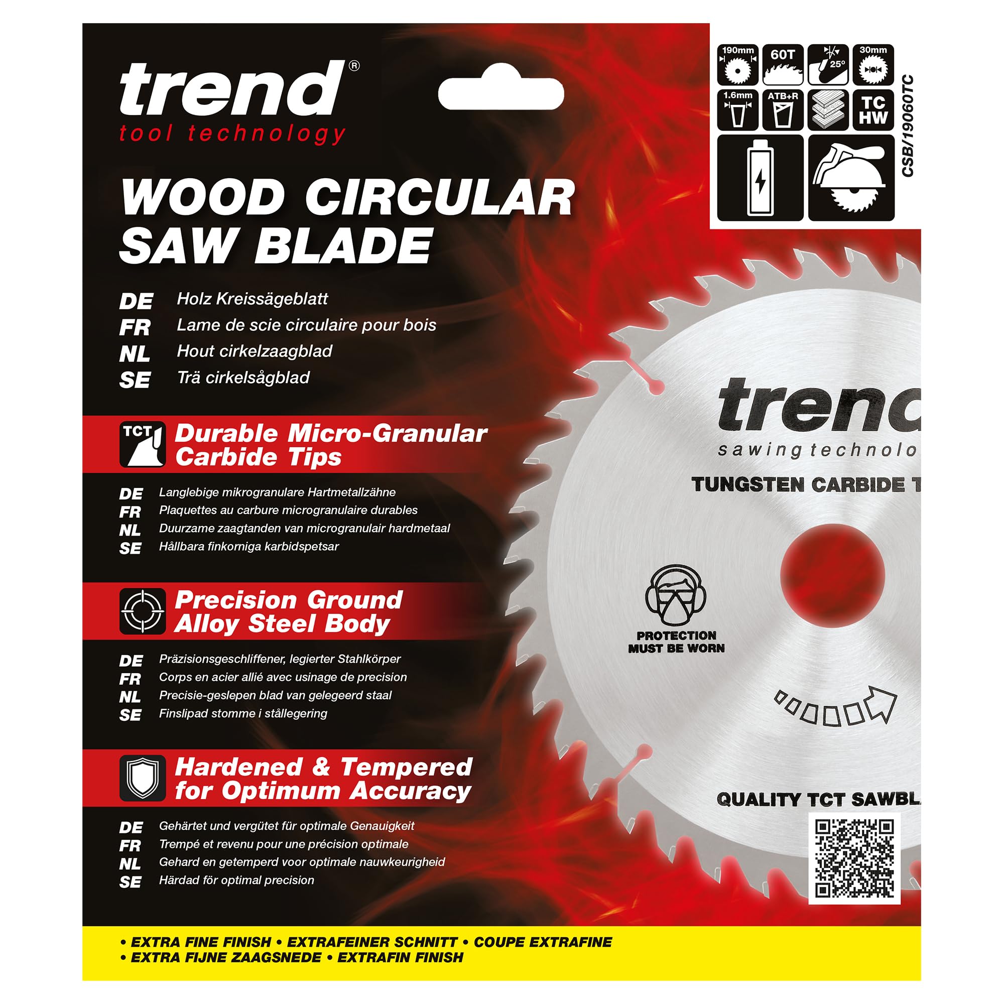Trend Lama per sega circolare CraftPro Thin Kerf TCT, diametro 190 mm x 60 denti x foro 30 mm, punta in carburo di tungsteno, CSB/19060TC