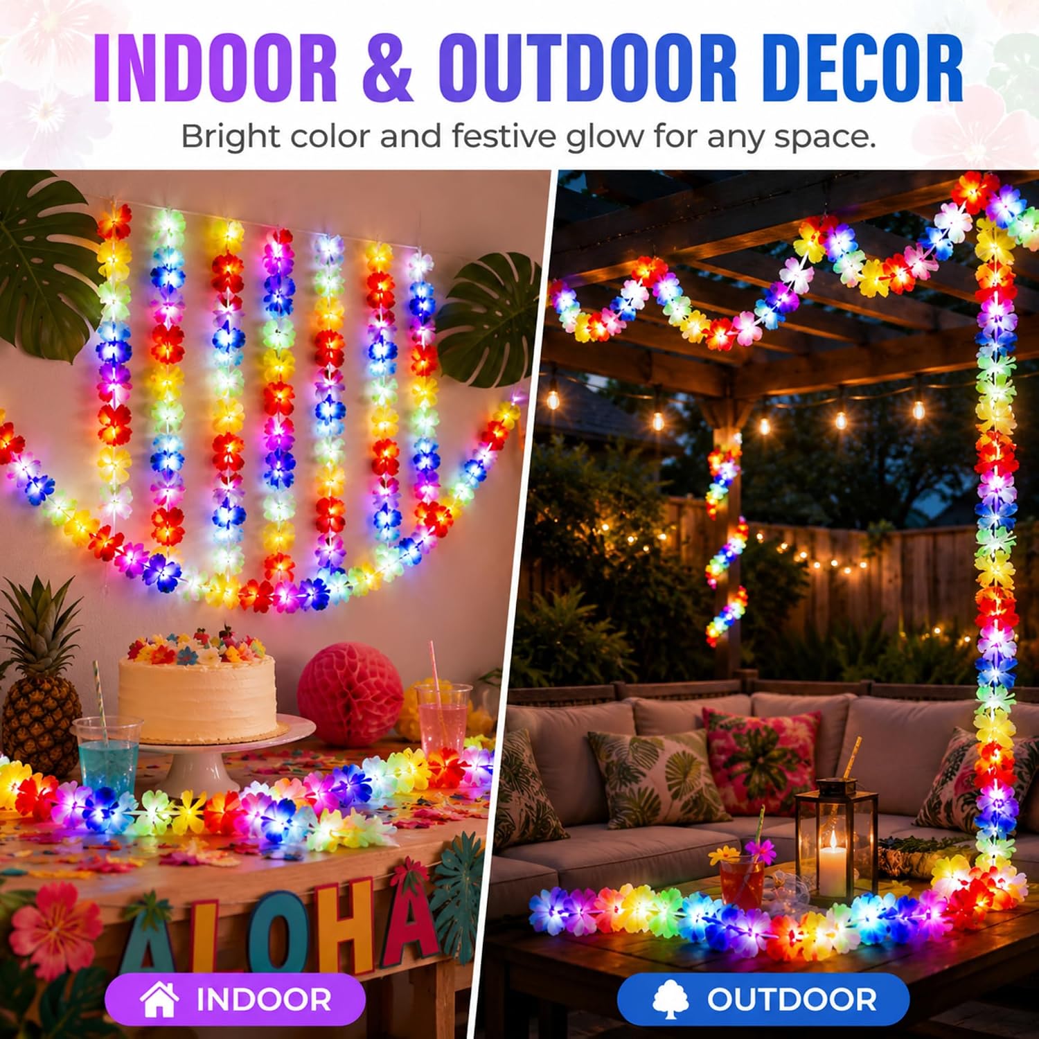 65.62 ft Light up Hawaiian Flower Lei Garland Tropical Hawaiian Garland LED Lighted Luau Party Flower Banner for Luau Summer Beach Party Decorations
