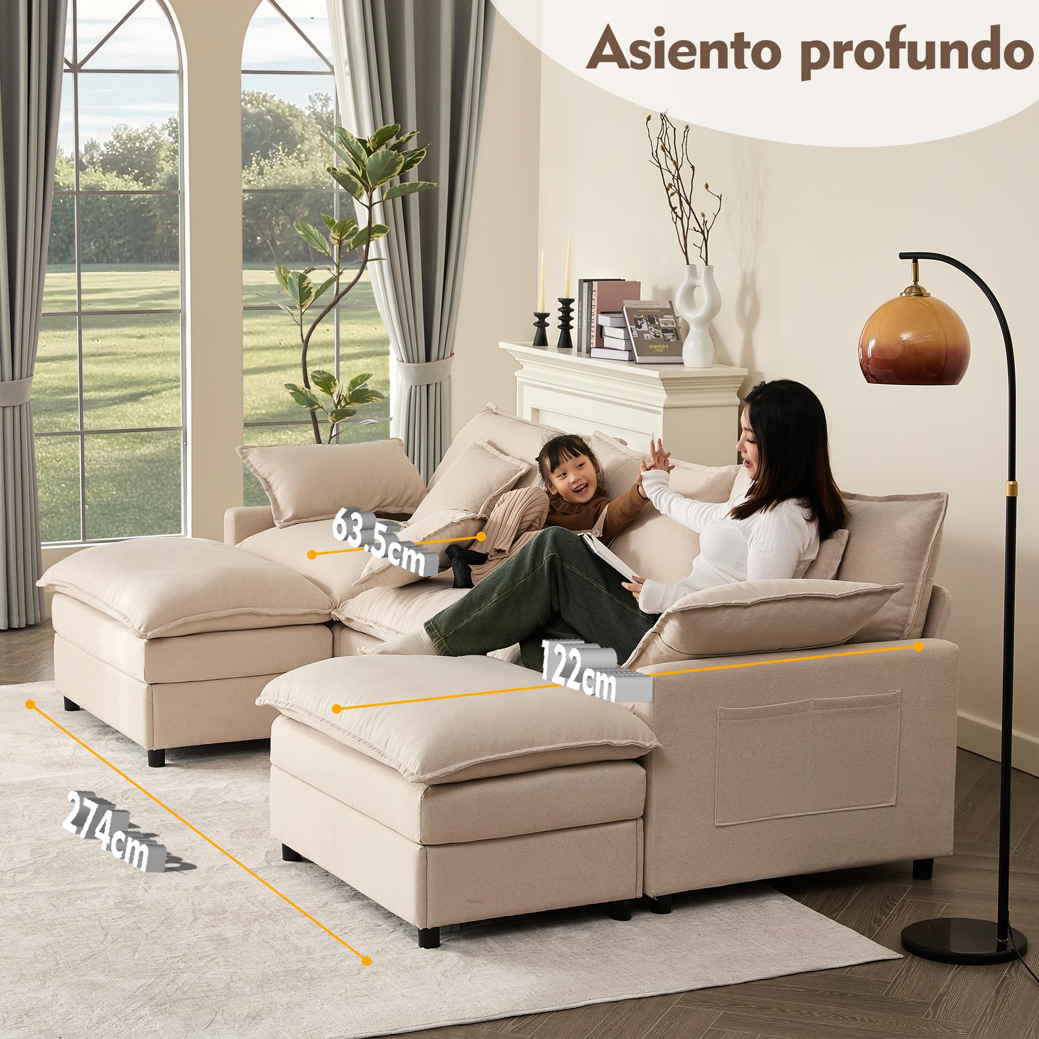 274 cm Sofá Modular en Forma de U,Set of sofá de Esquina de 3 plazas con Taburete, diseño de Asiento Profundo, sofá Nube para Sala de Estar (Blanco Roto)