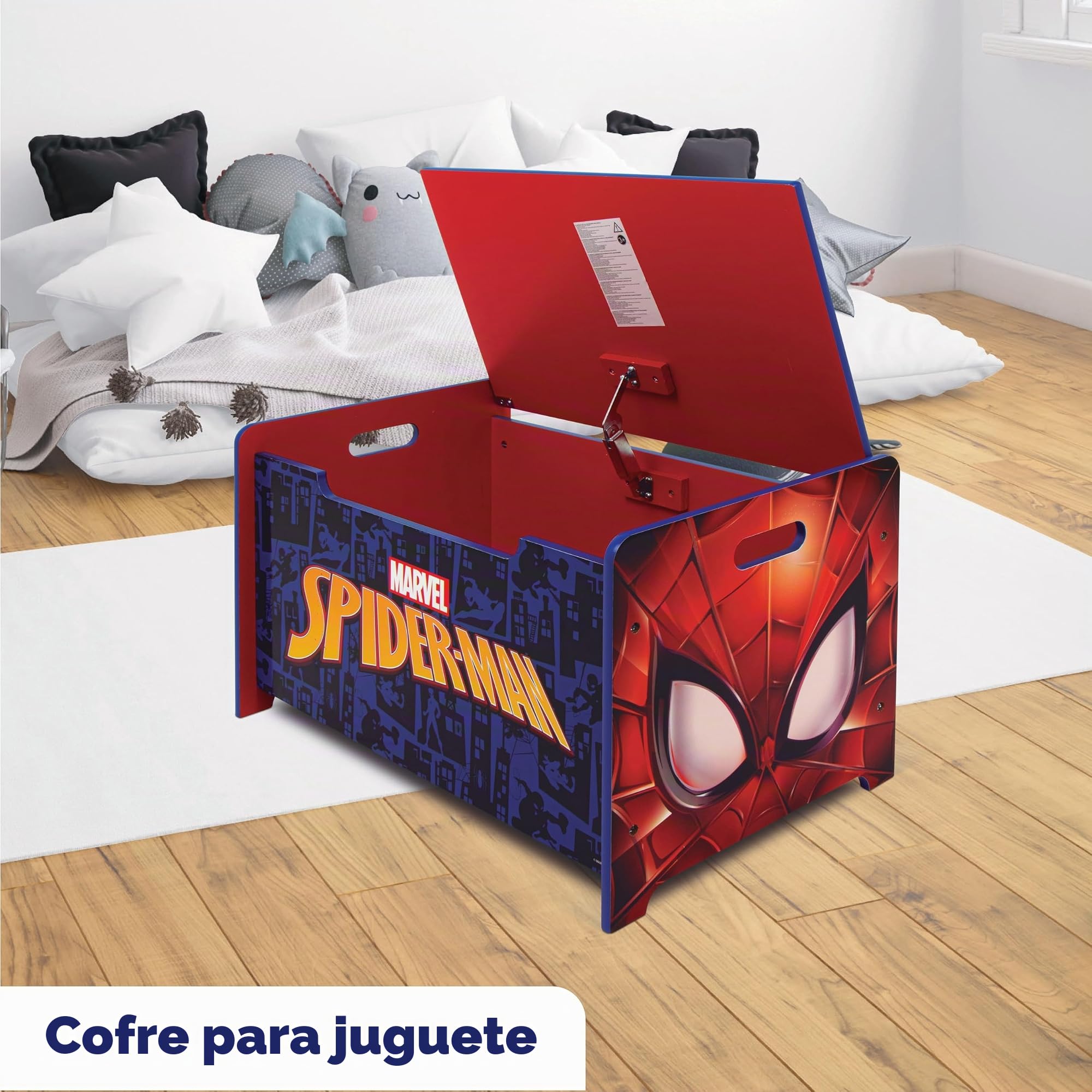 ARDITEX - Banco juguetero de madera de Spiderman (de Marvel) - 62.5x40x37cm - Color azul y rojo - Ideal para almacenar juguetes, ropa o cosas en un dormitorio infantil
