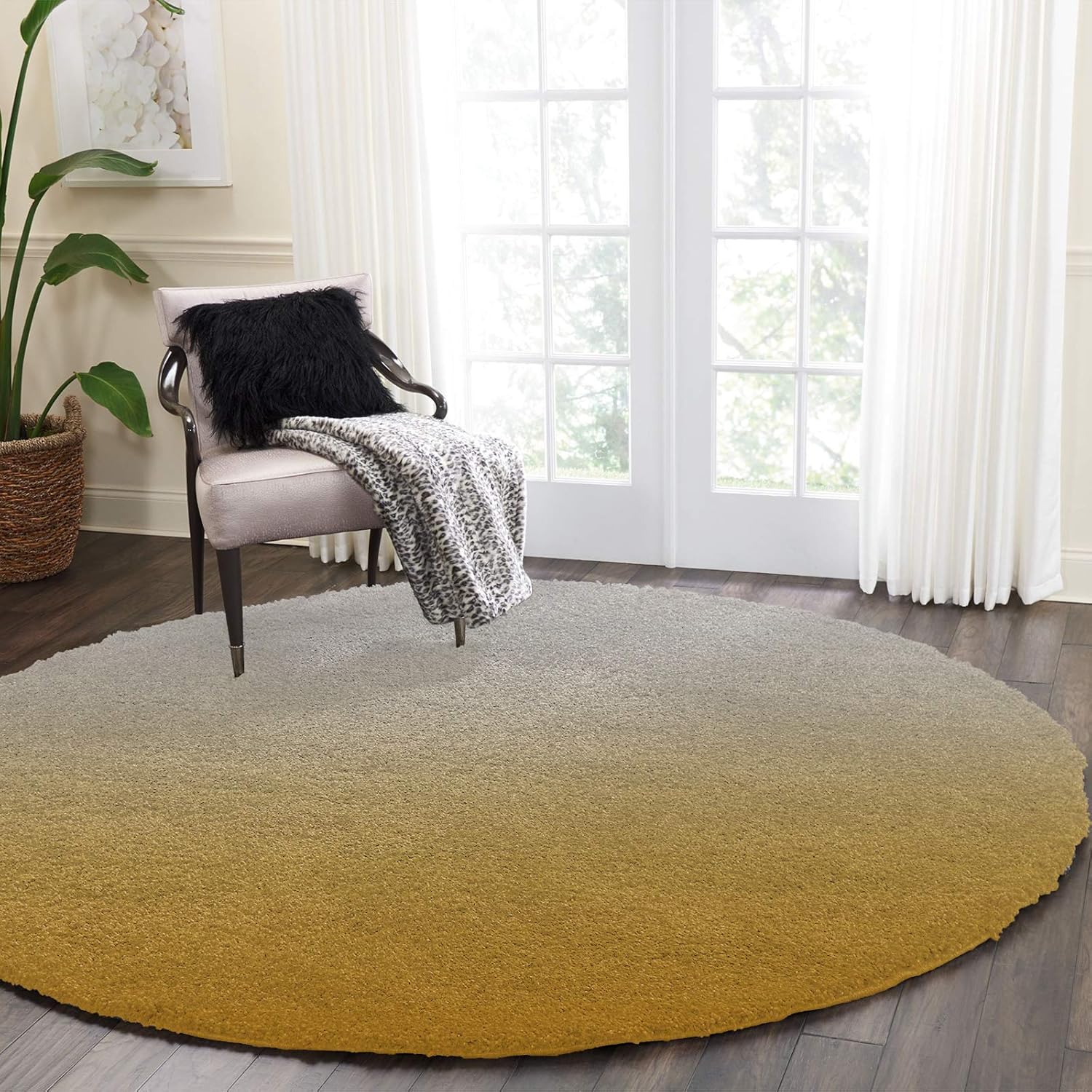 Ultra Soft Round Area Rug 3.3ft,Ombre Yellow Grey,Fluffy Shag Absorbent Water Circle Rugs Runners for Living/Dining Room/Bedroom,Gradient Texture,Non Slip Round Floor Carpet Nursery Rug