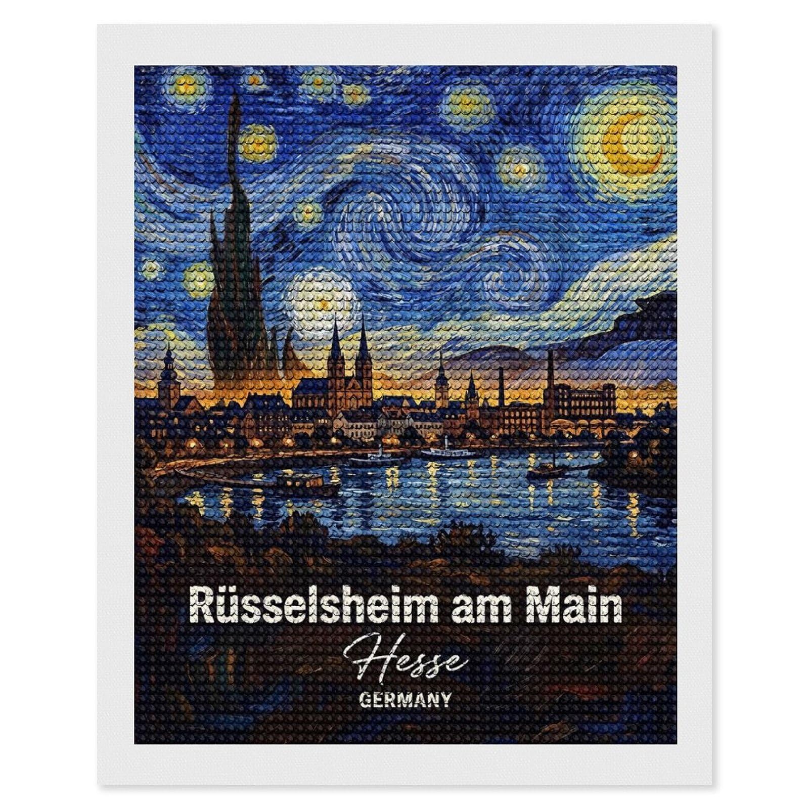 Junmoney Russelsheim Am Main Van Gogh Style Diamond Art Canvas 16"x20", Easy to Follow Symbols, Finish and Display, Fun Craft Experience, Aesthetic Room Decor