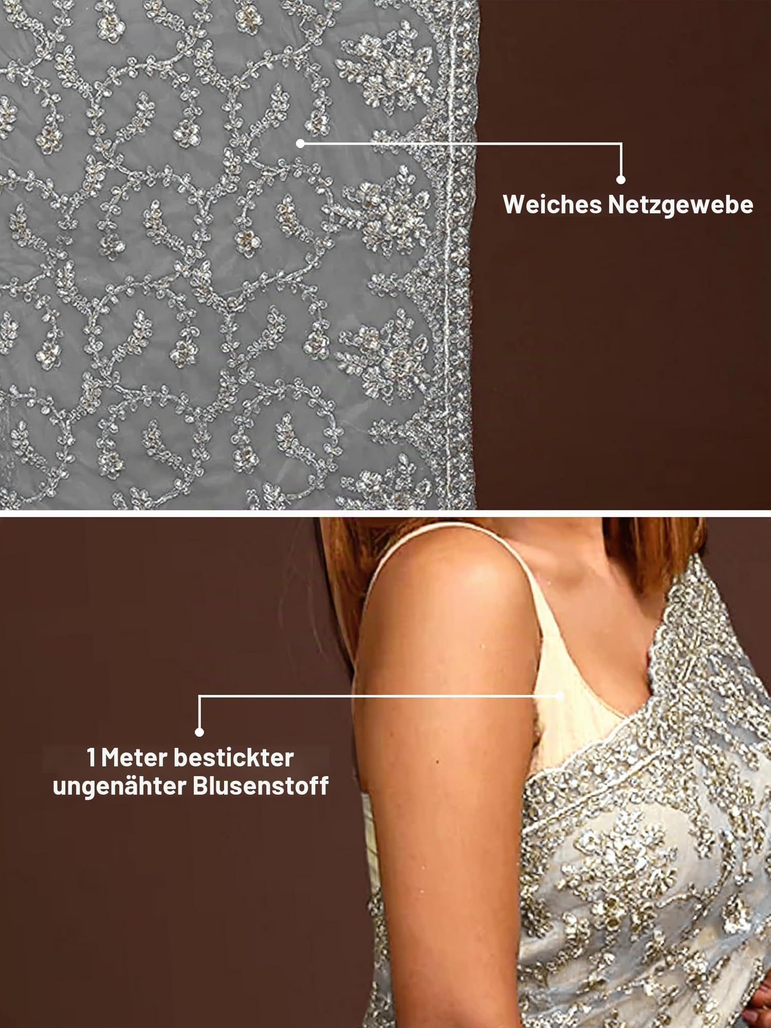 TRENDMALLS Damen Netz Stickerei Sari mit ungesäumtem Blusenteil