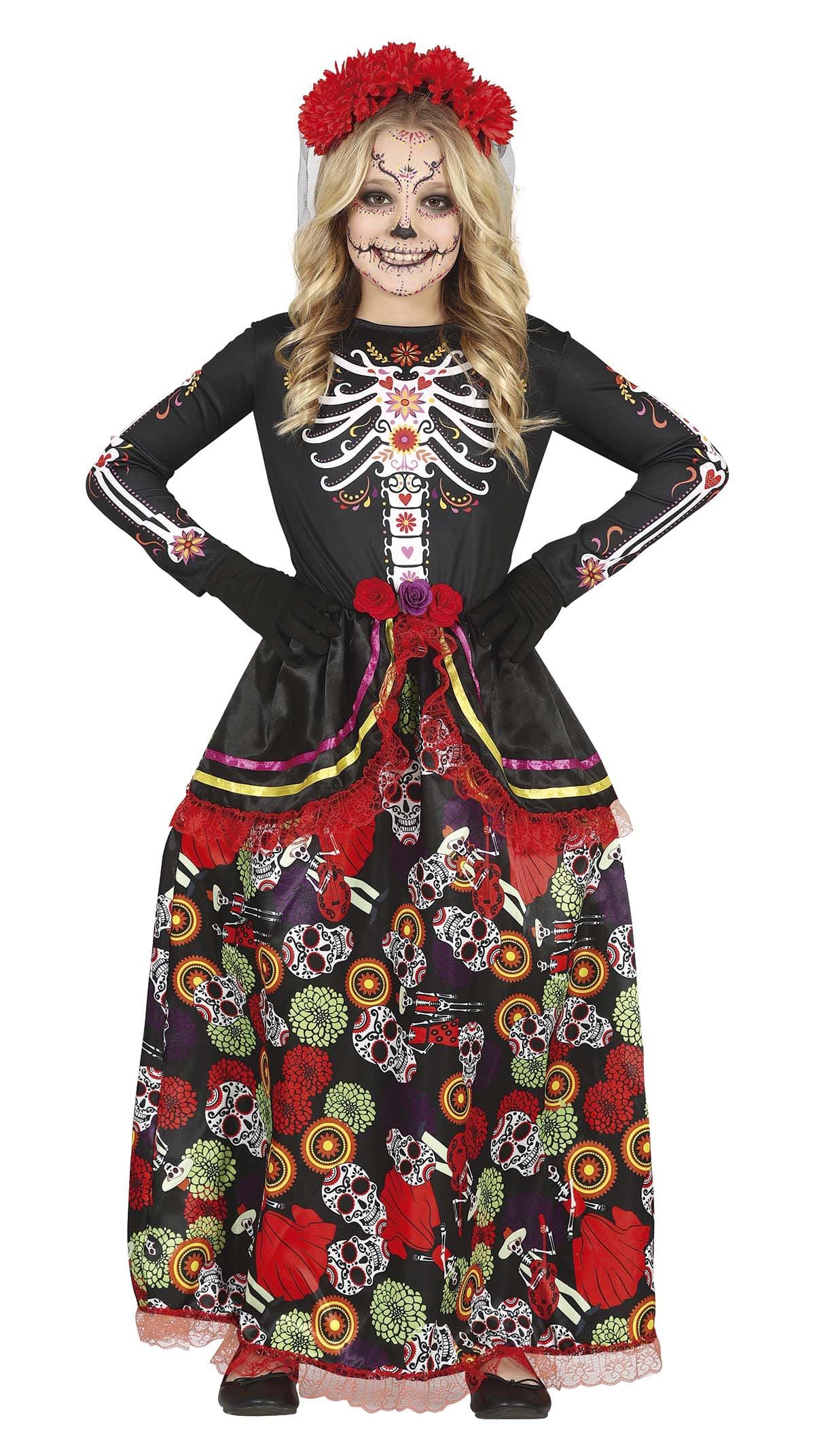 FIESTAS GUIRCA Day of the Dead Fancy Dress Costume - Elegant Long Dress and Headband with Flowers for Girls 10-12 Years
